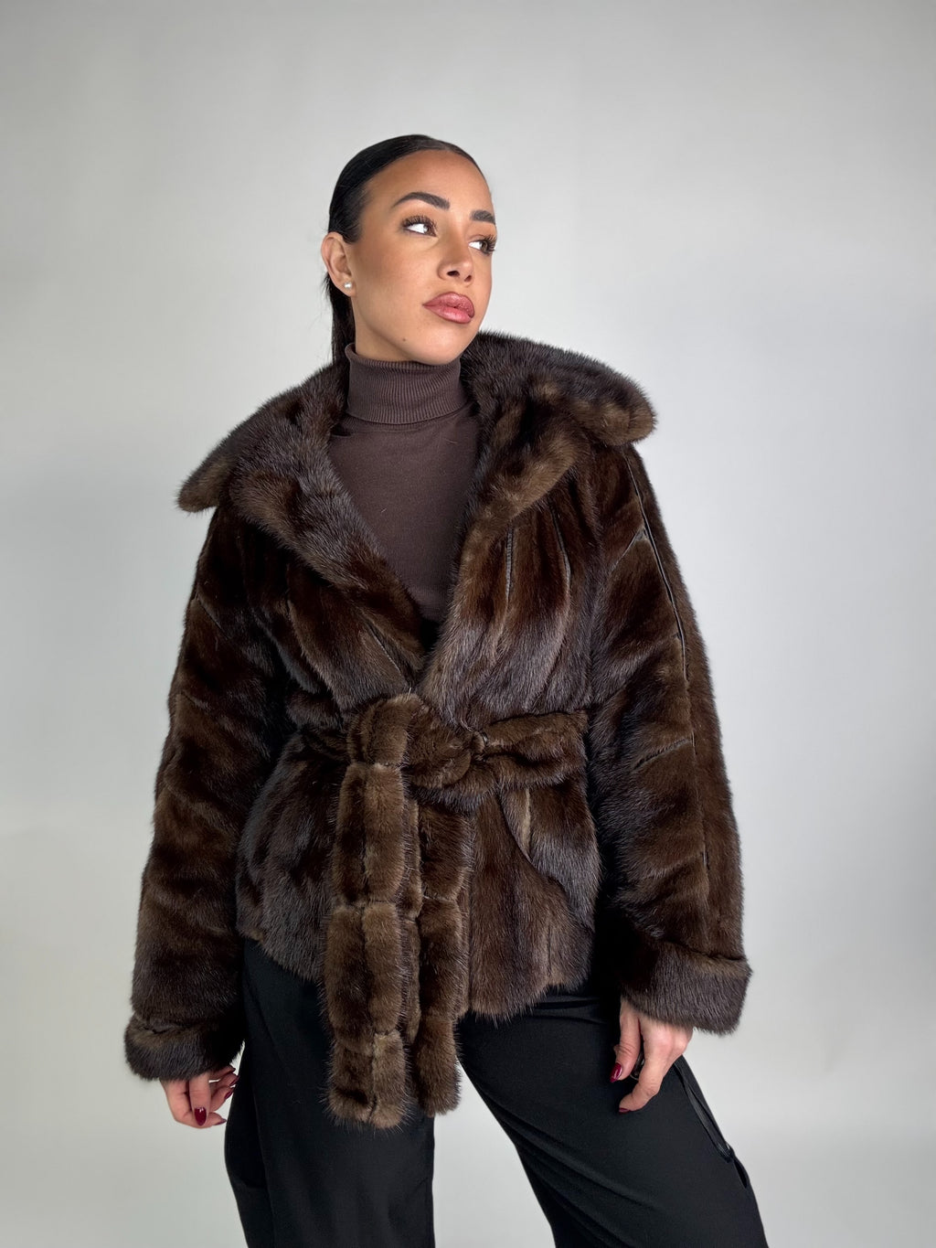 Mink jacket with belt and hood