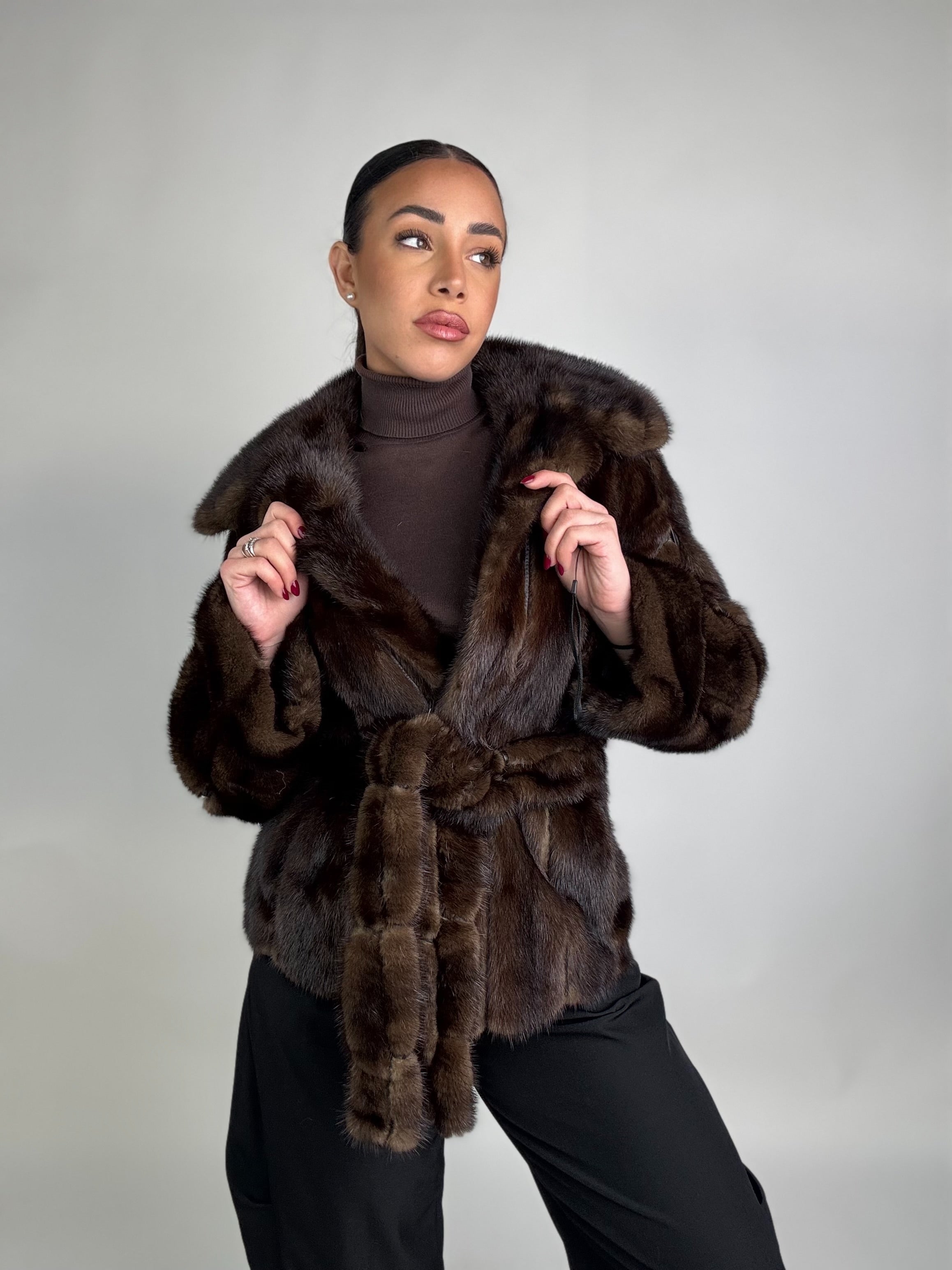 Mink jacket with belt and hood