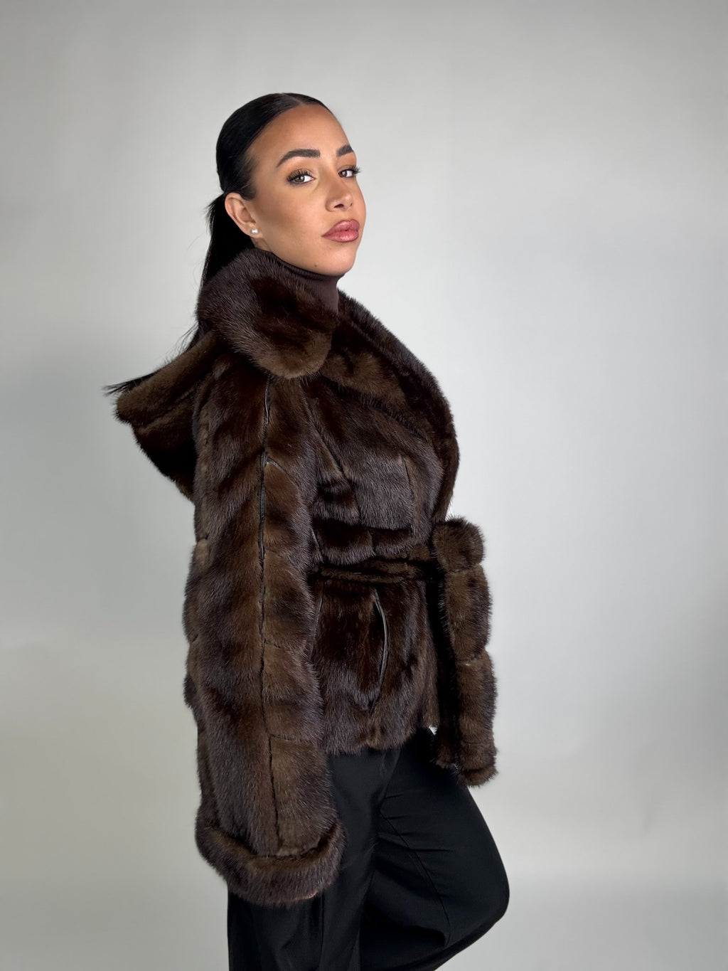 Mink jacket with belt and hood