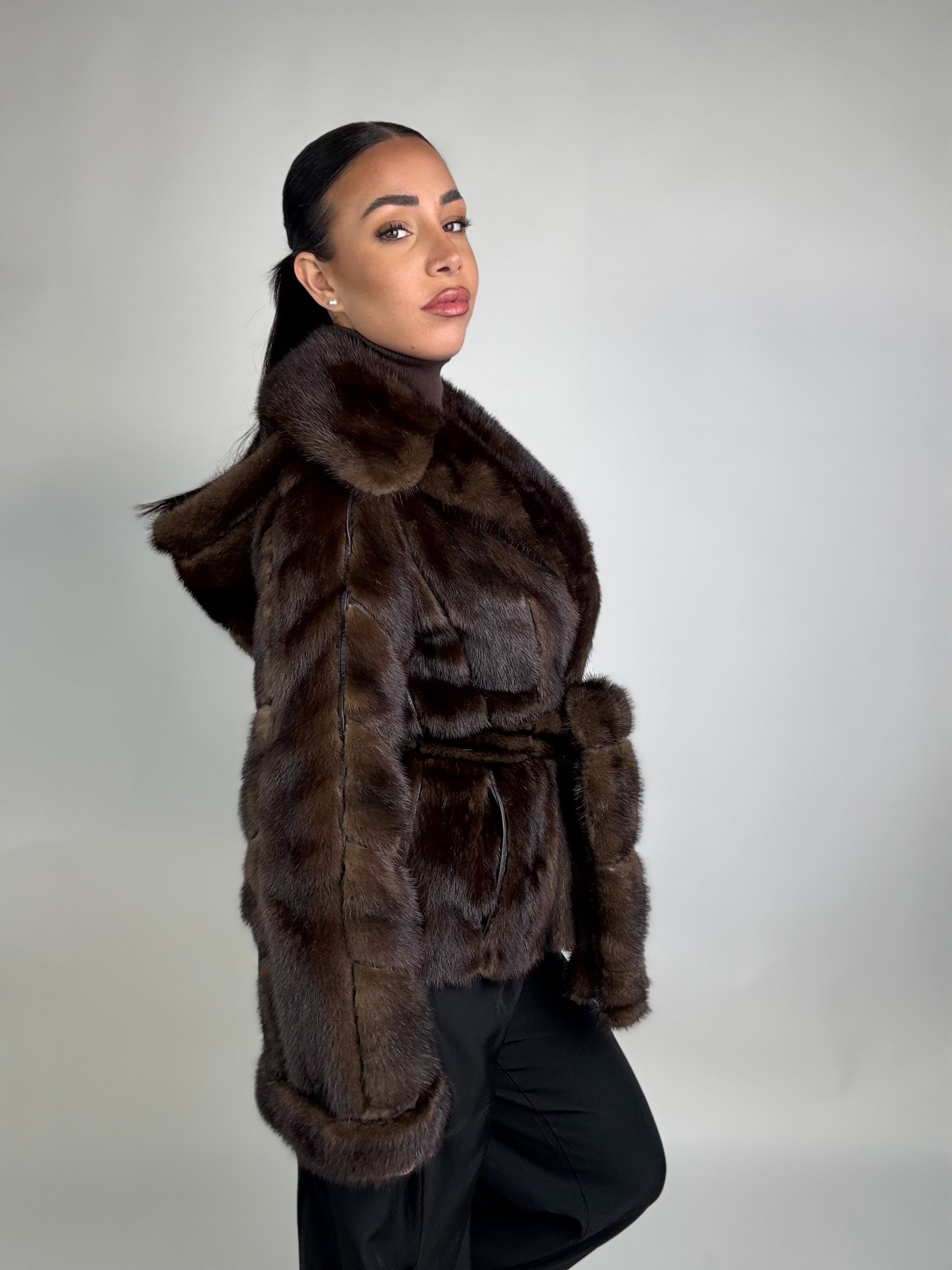 Mink jacket with belt and hood