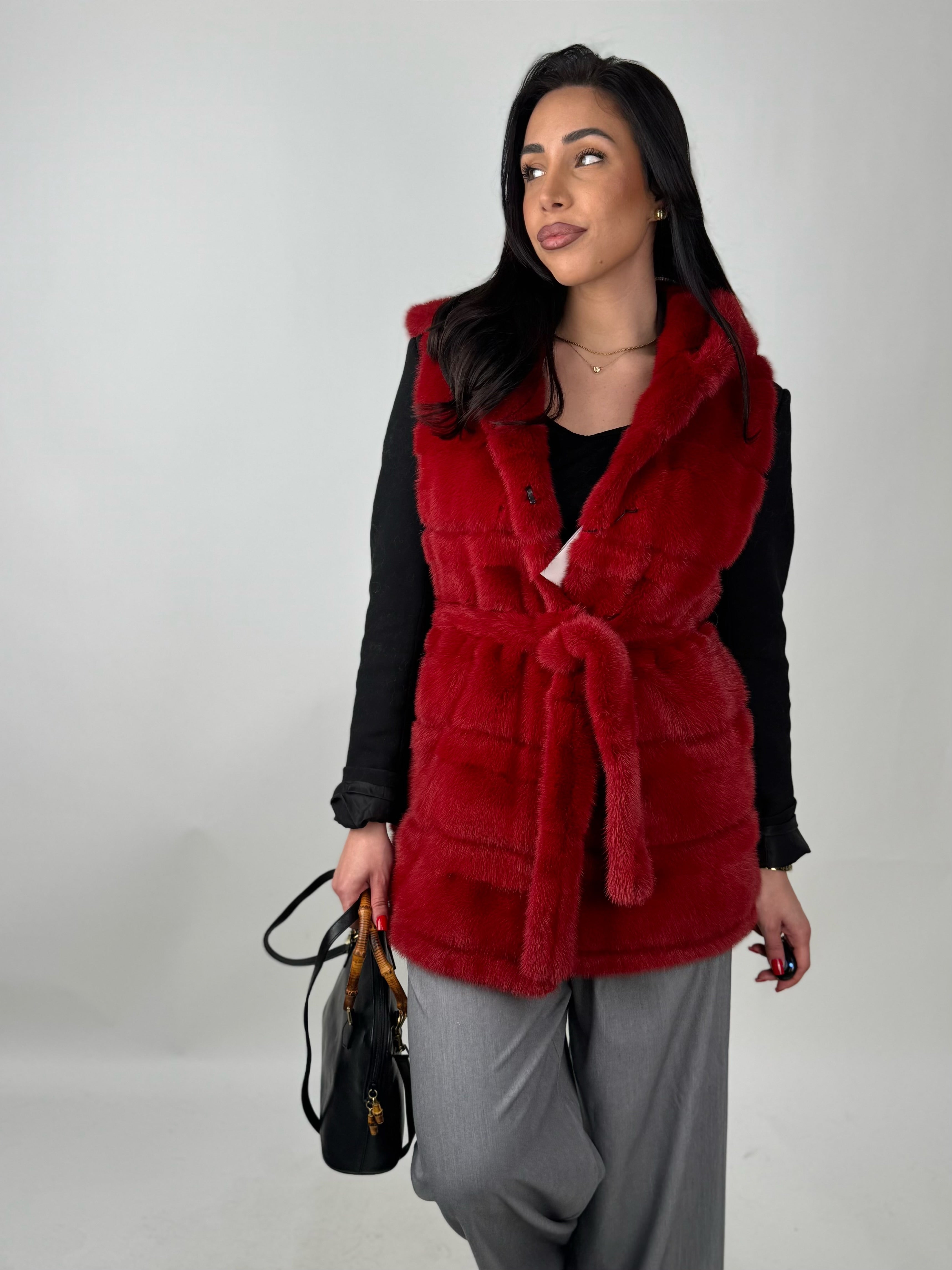 Mink jacket with belt and hood