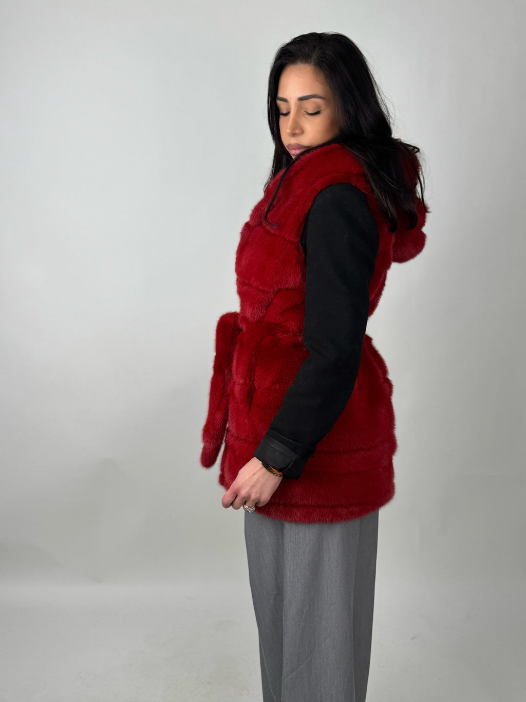 Mink jacket with belt and hood
