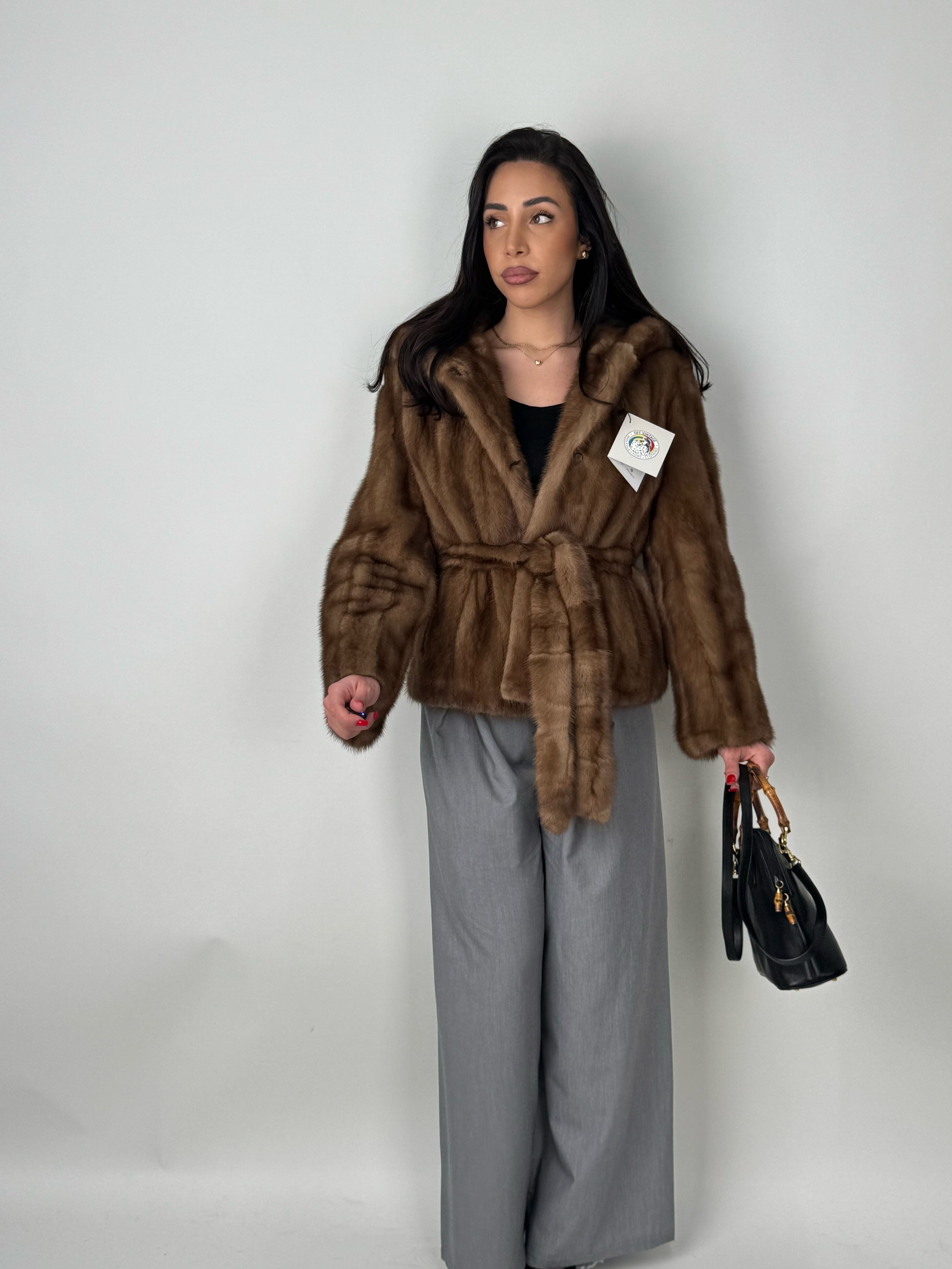 Mink jacket with belt and hood