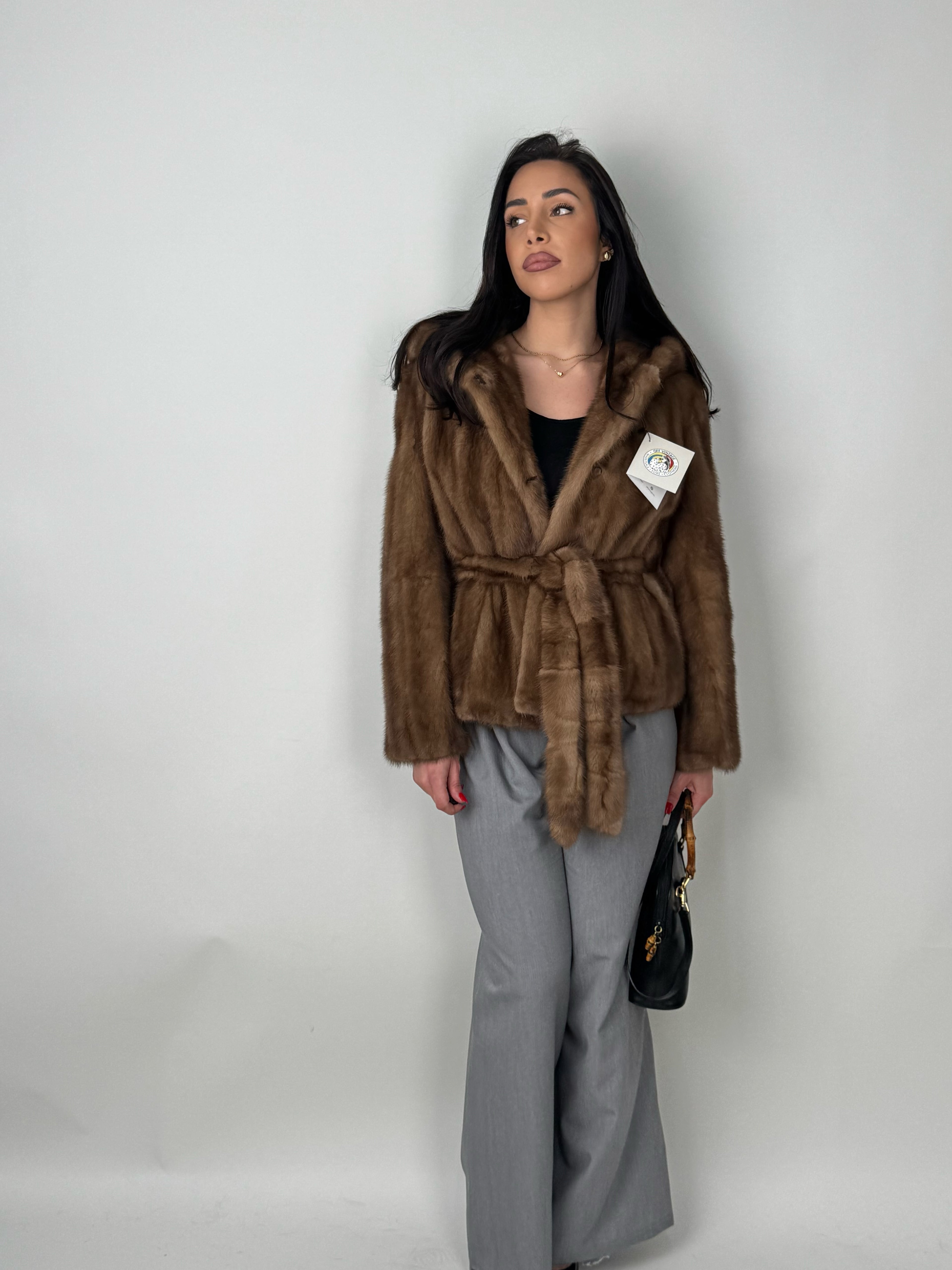 Mink jacket with belt and hood