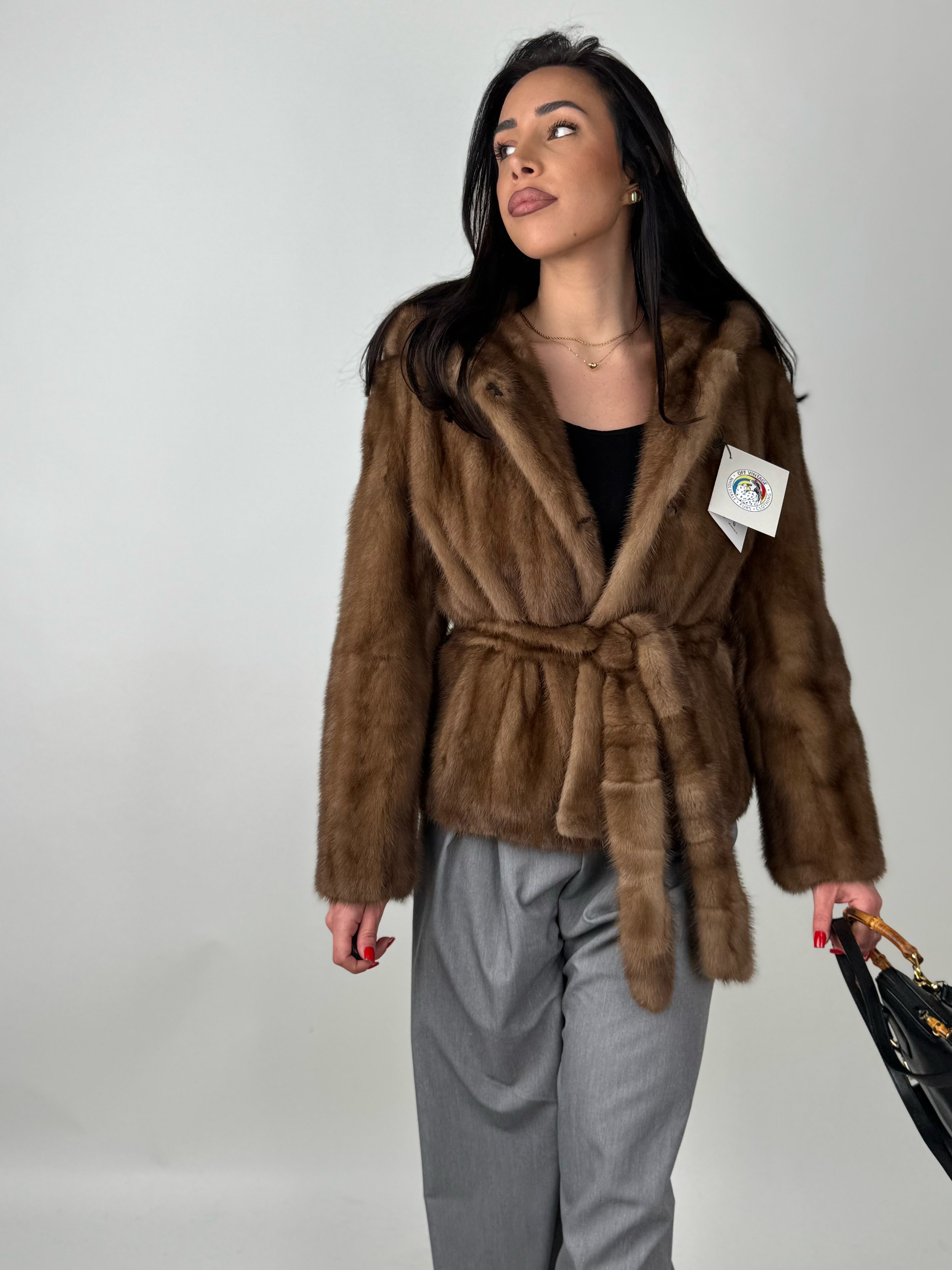 Mink jacket with belt and hood