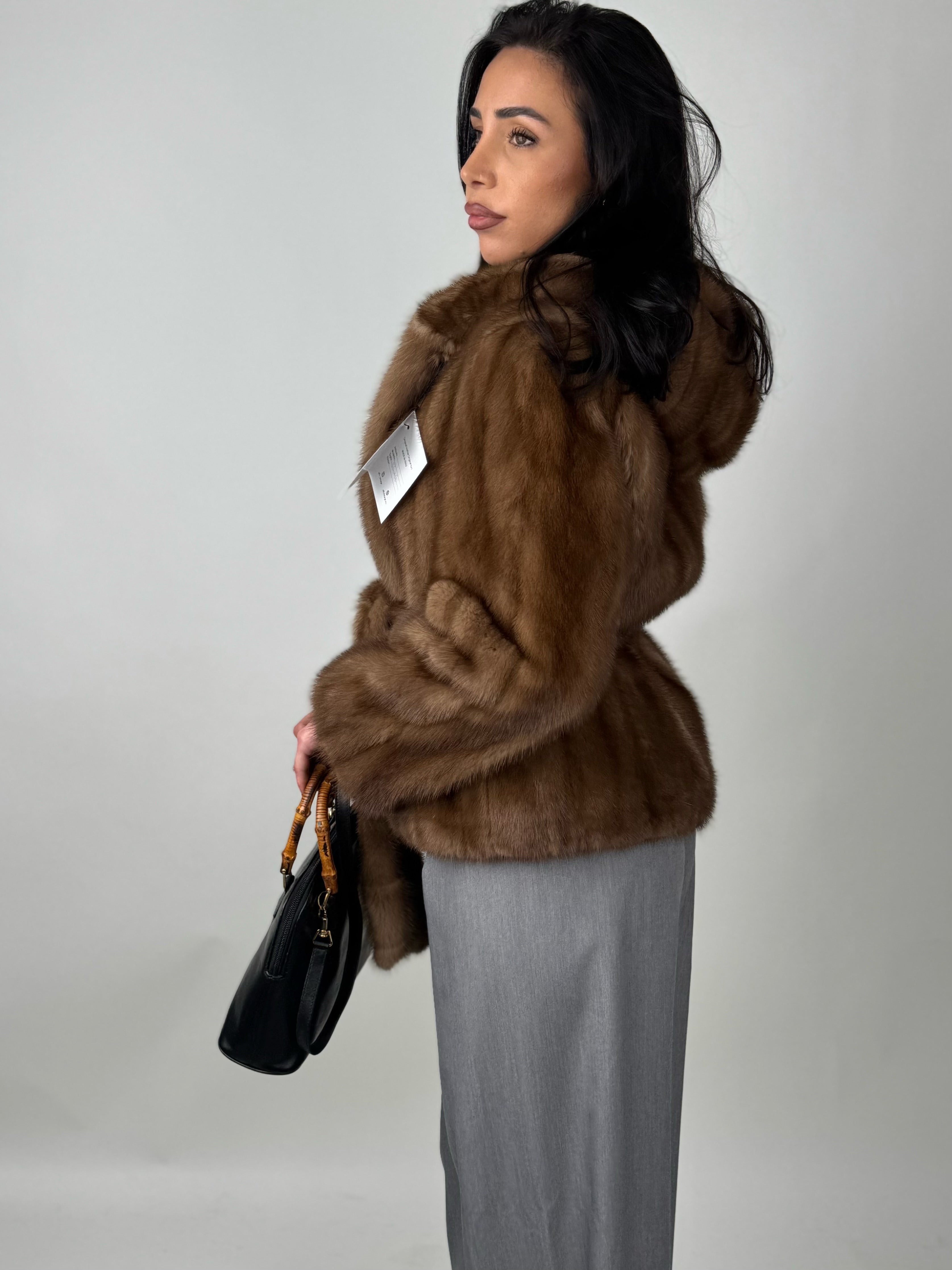 Mink jacket with belt and hood