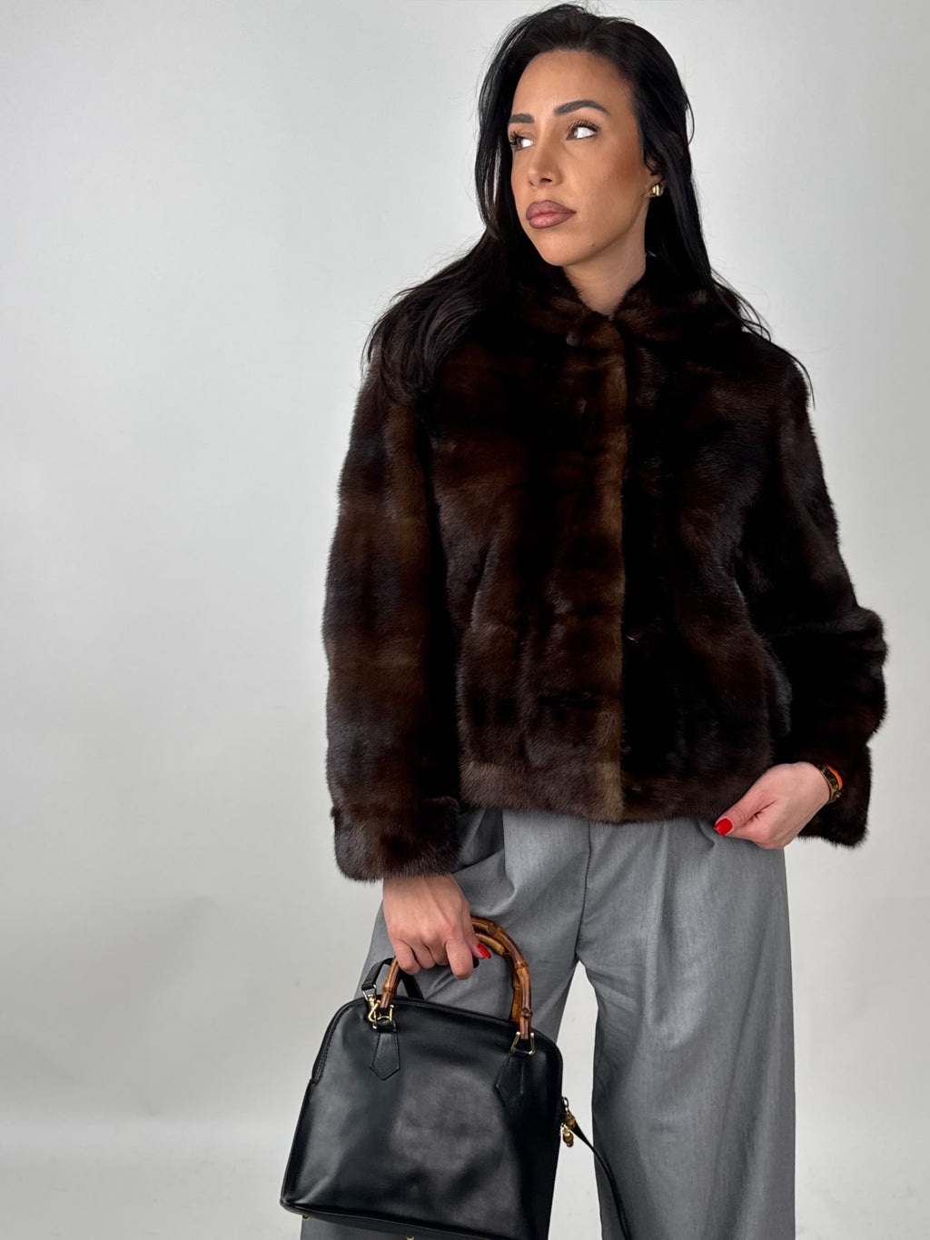 Mink jacket with belt and hood