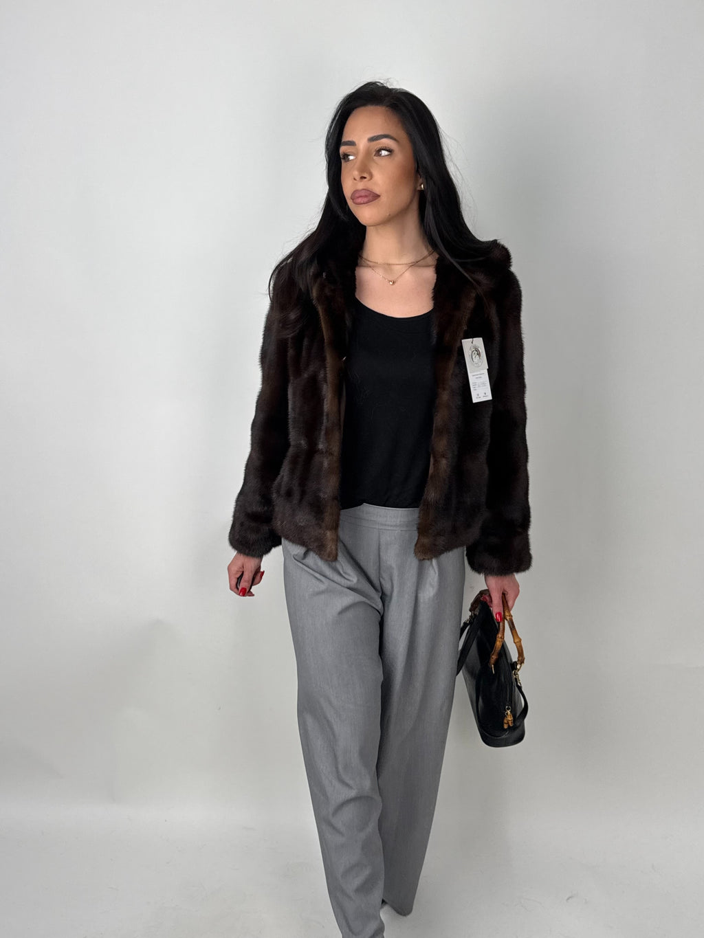 Mink jacket with belt and hood