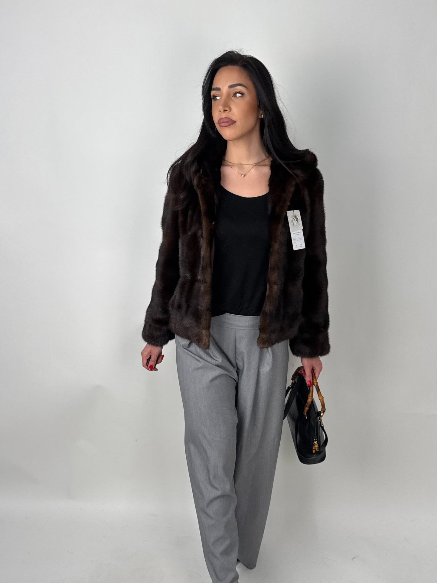 Mink jacket with belt and hood