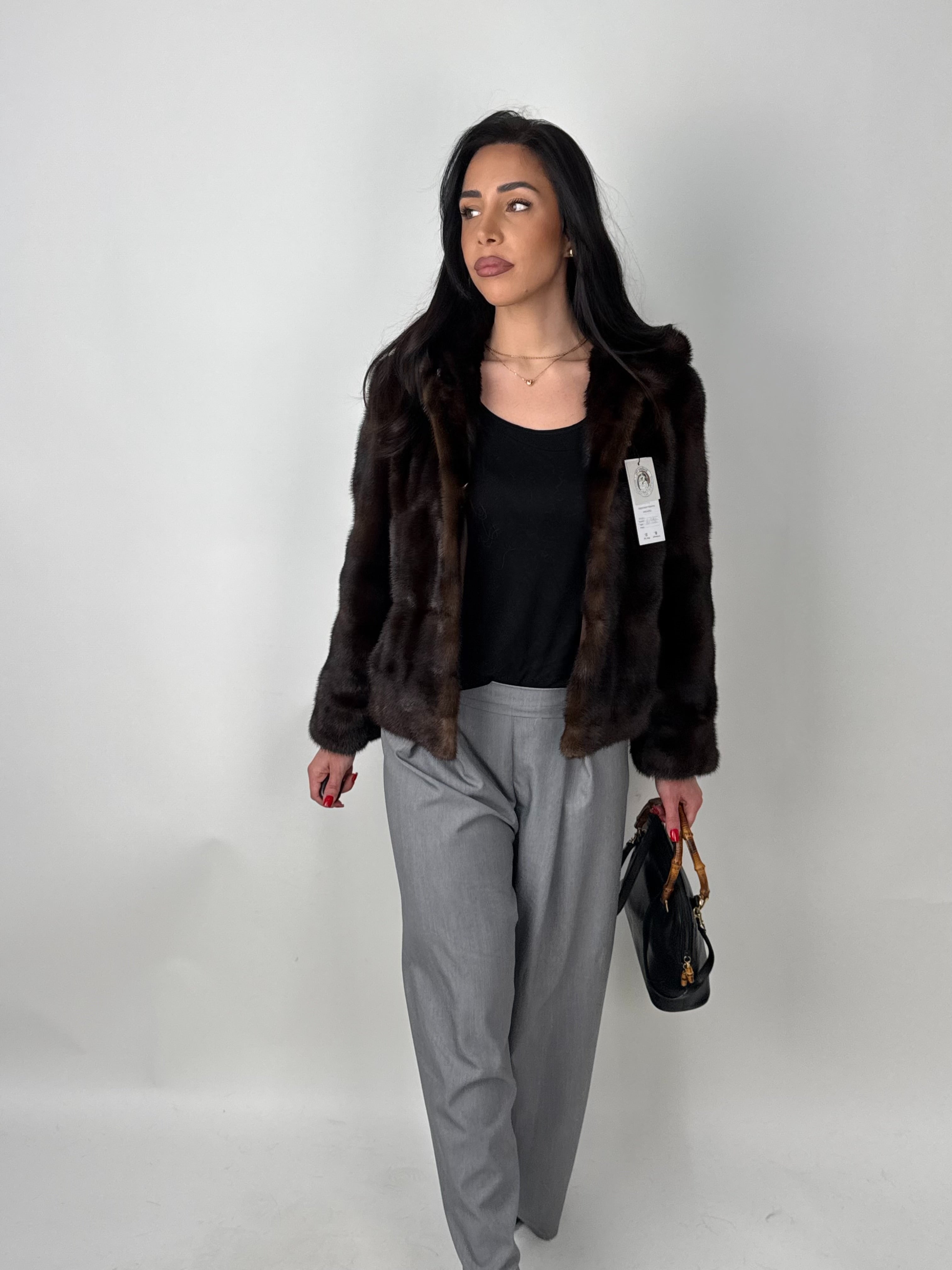 Mink jacket with belt and hood