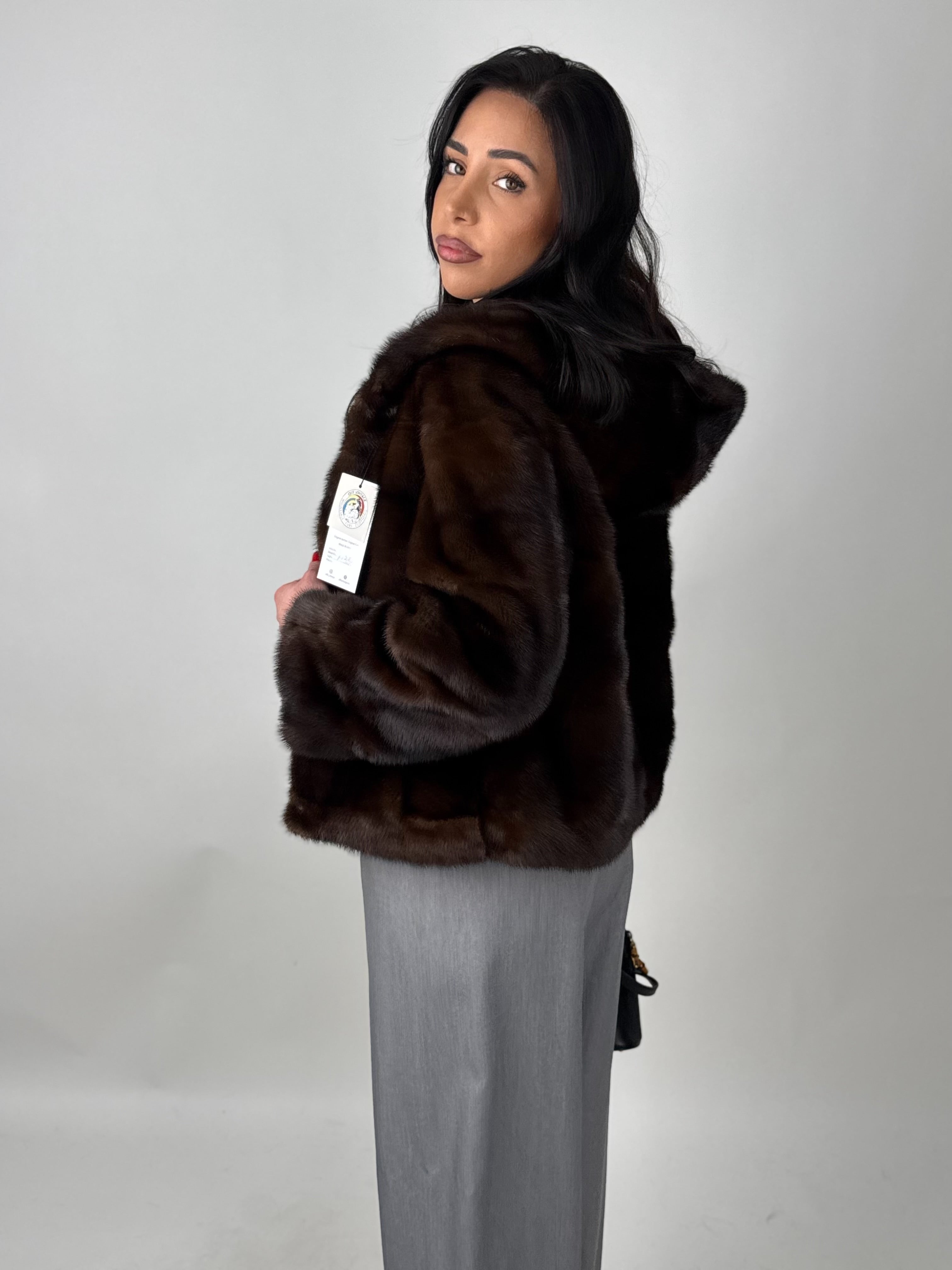 Mink jacket with belt and hood