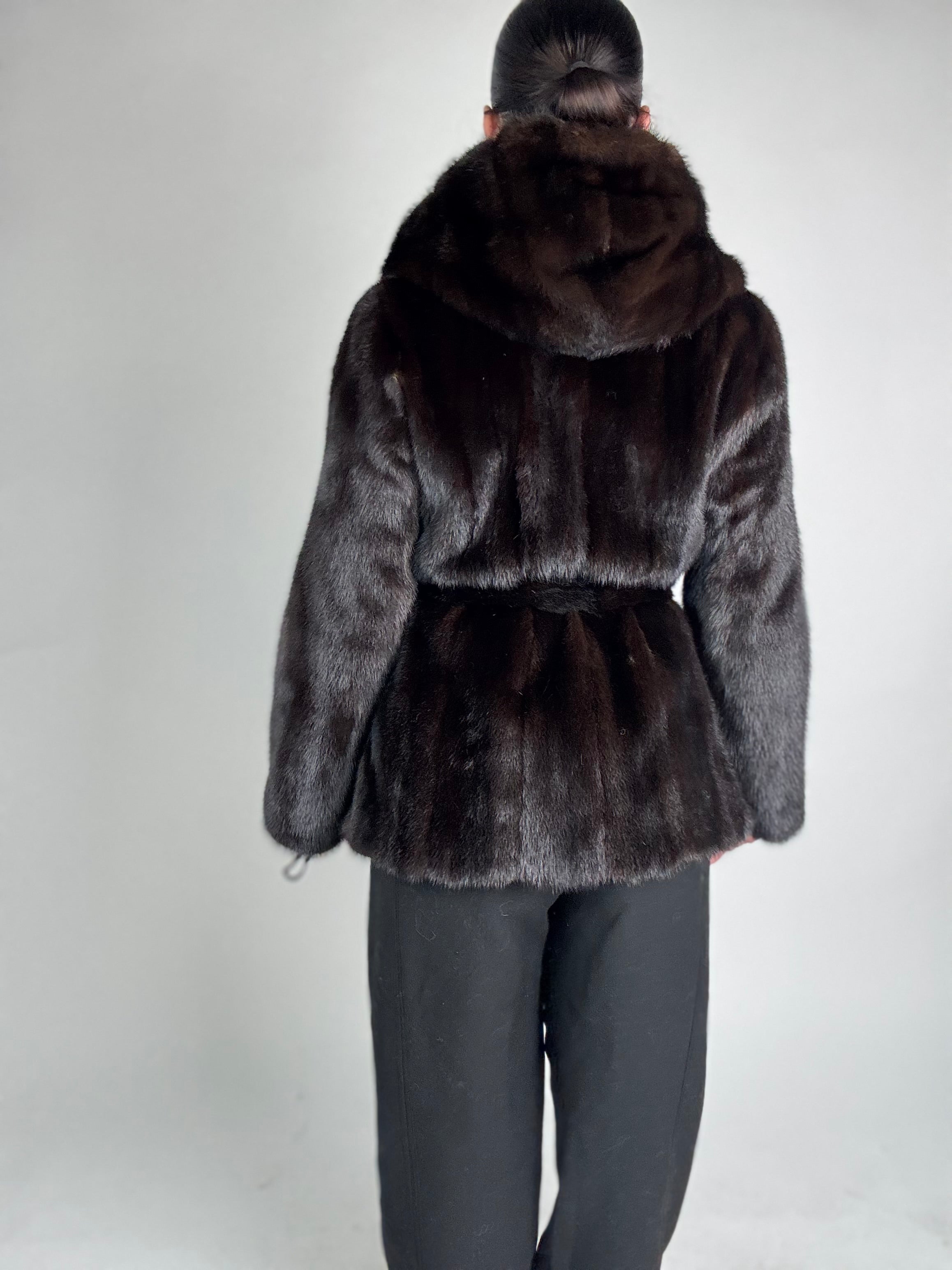 Mink jacket with belt and hood