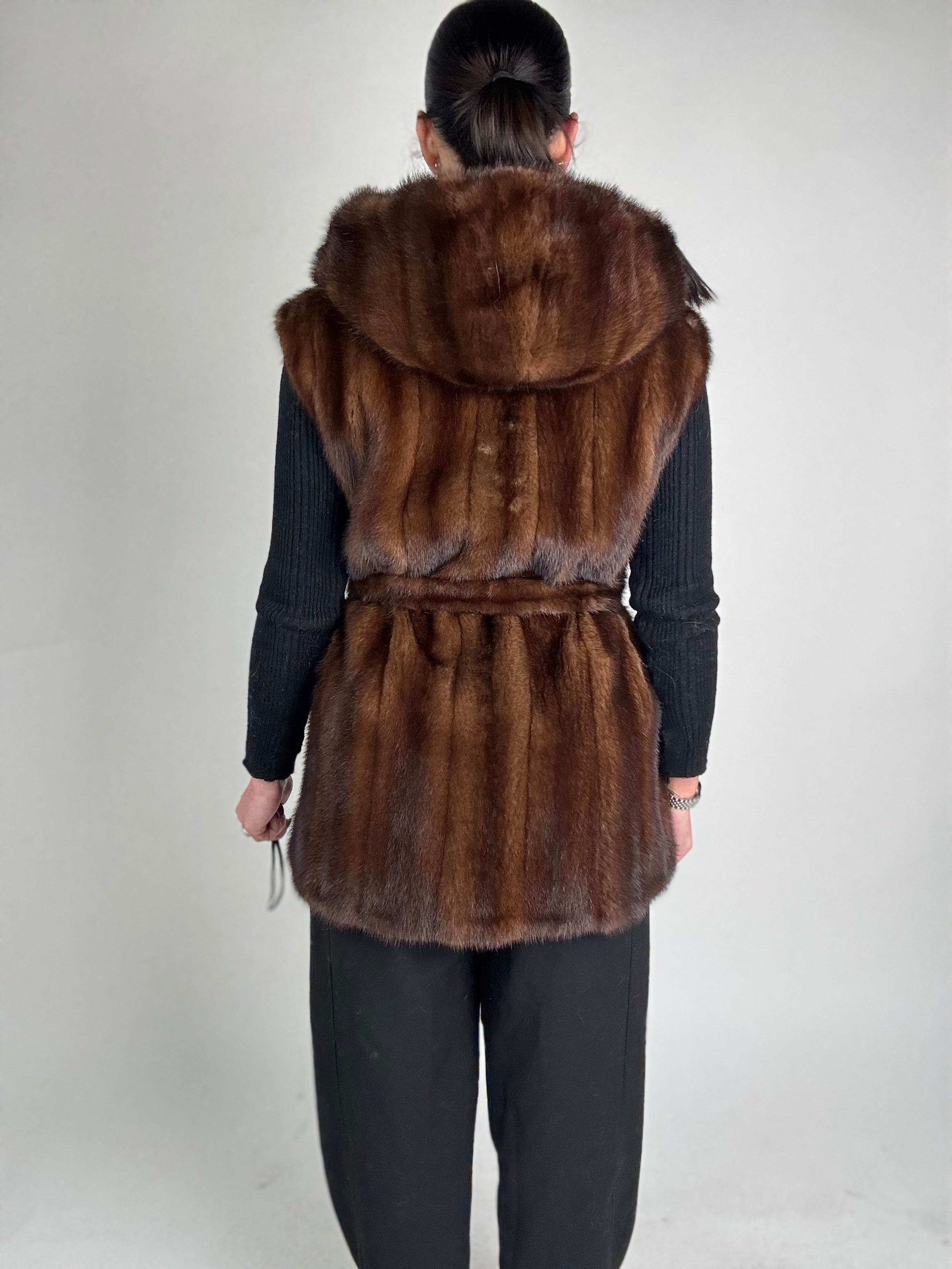 Mink jacket with belt and hood