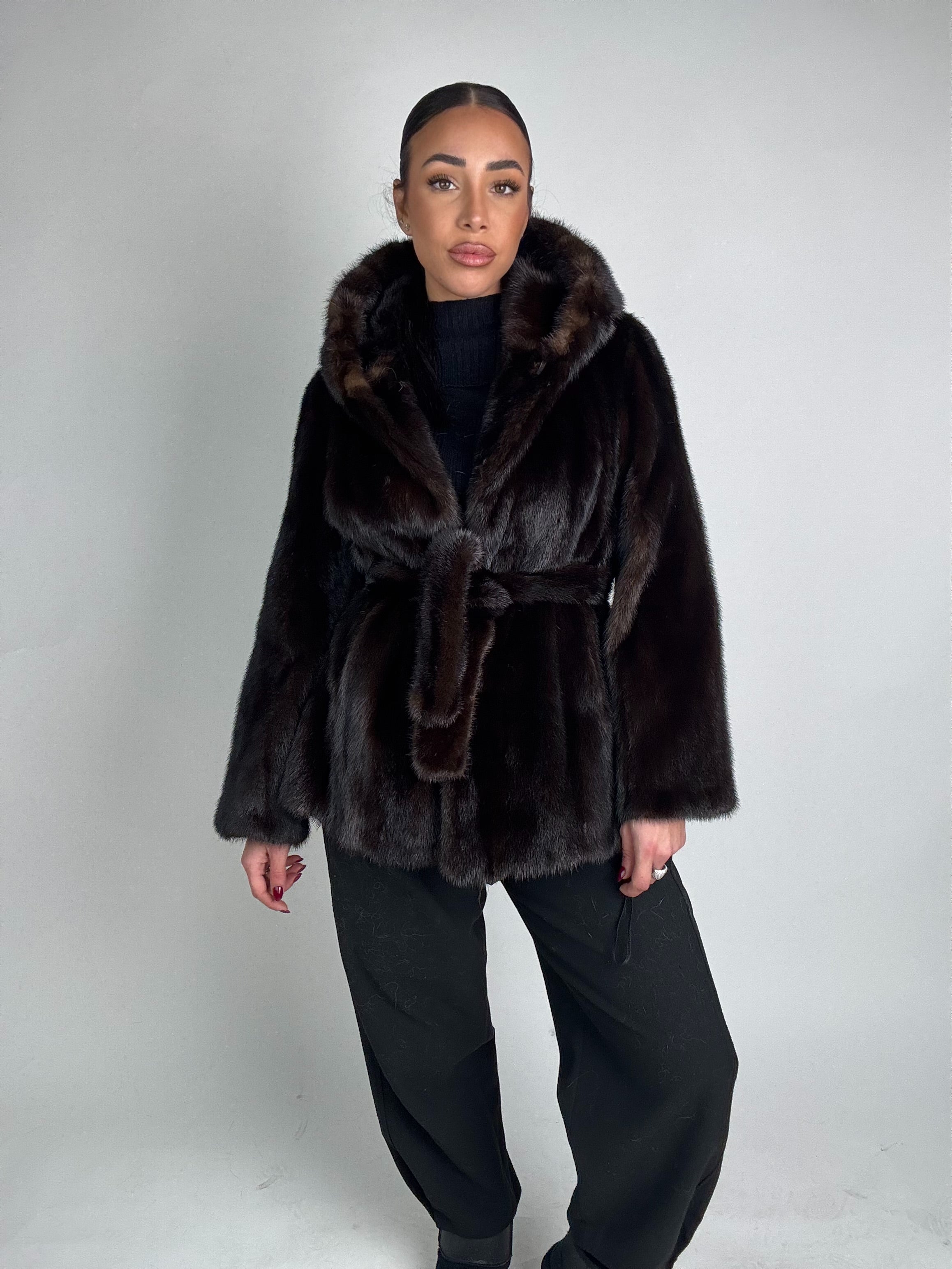 Mink jacket with belt and hood