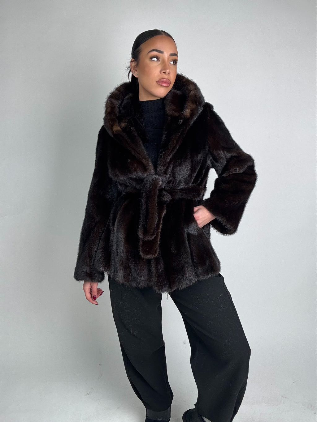 Mink jacket with belt and hood
