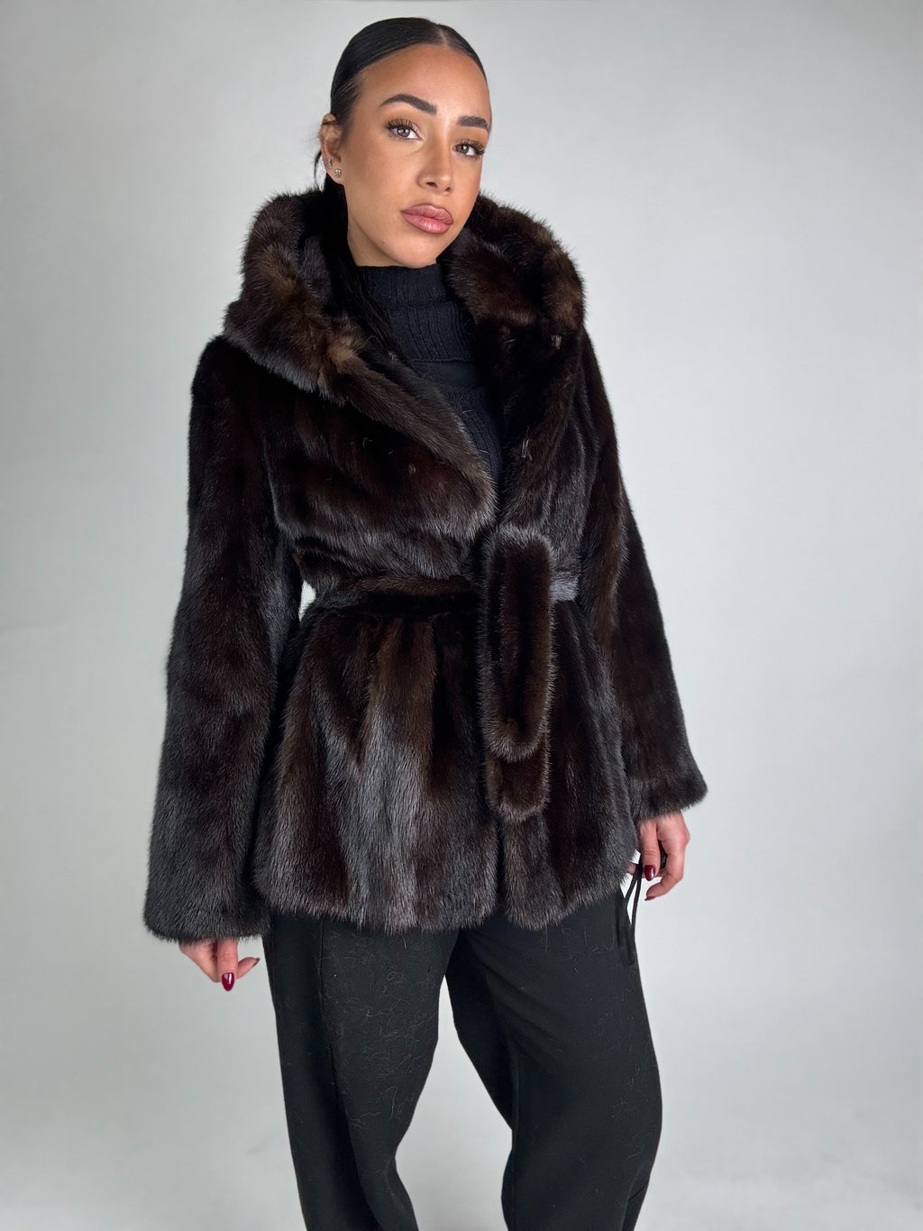 Mink jacket with belt and hood