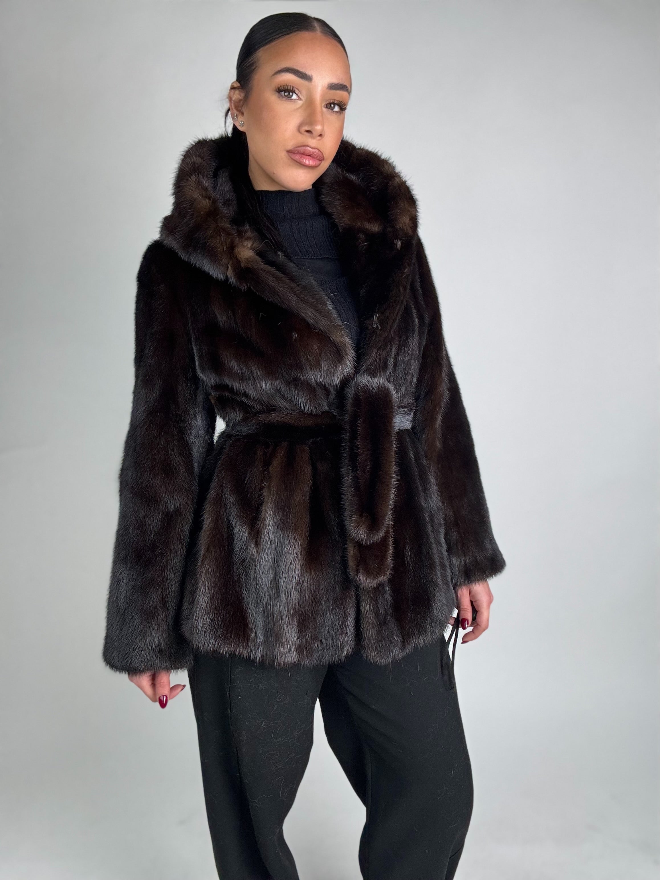 Mink jacket with belt and hood