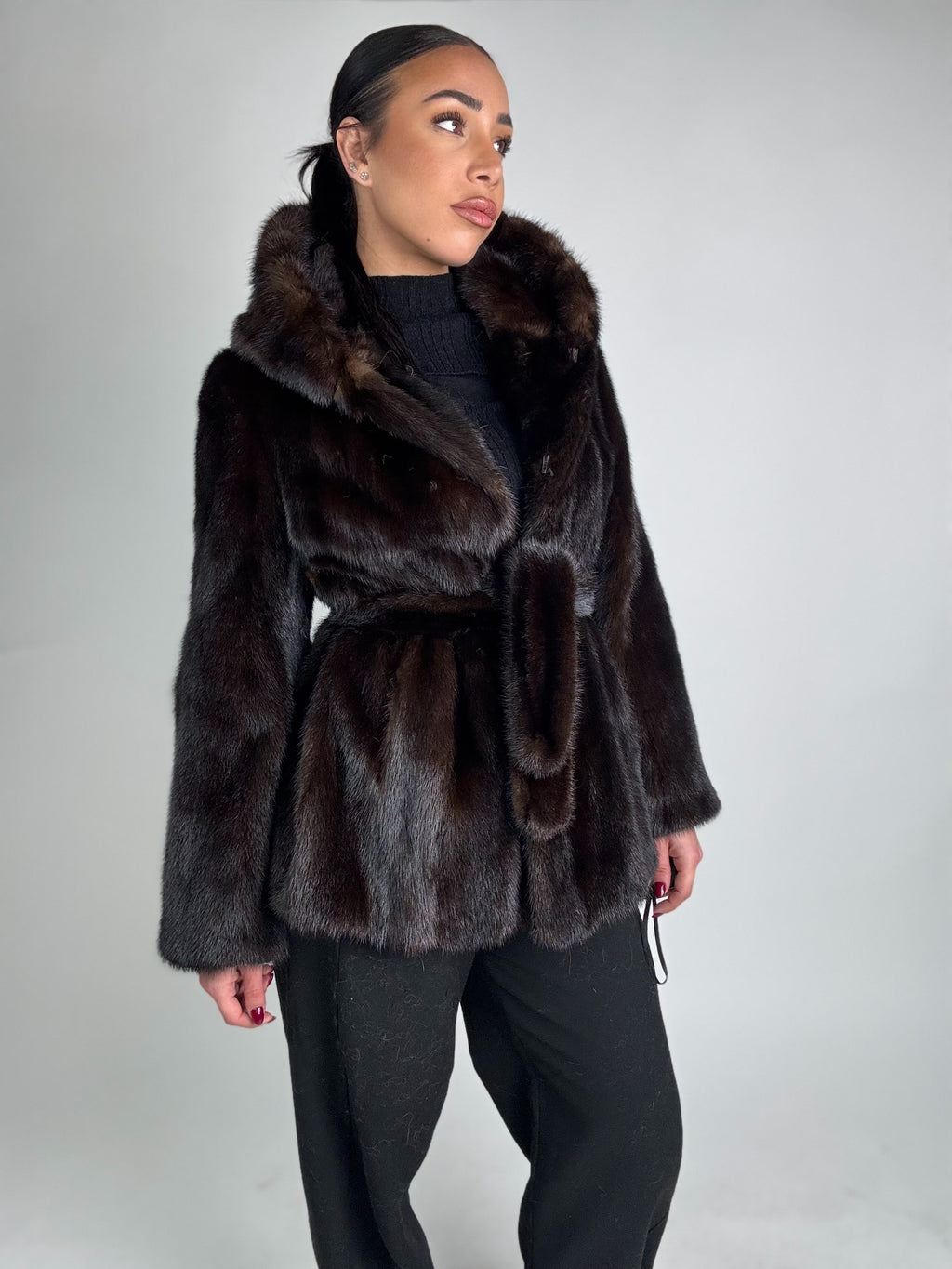 Mink jacket with belt and hood