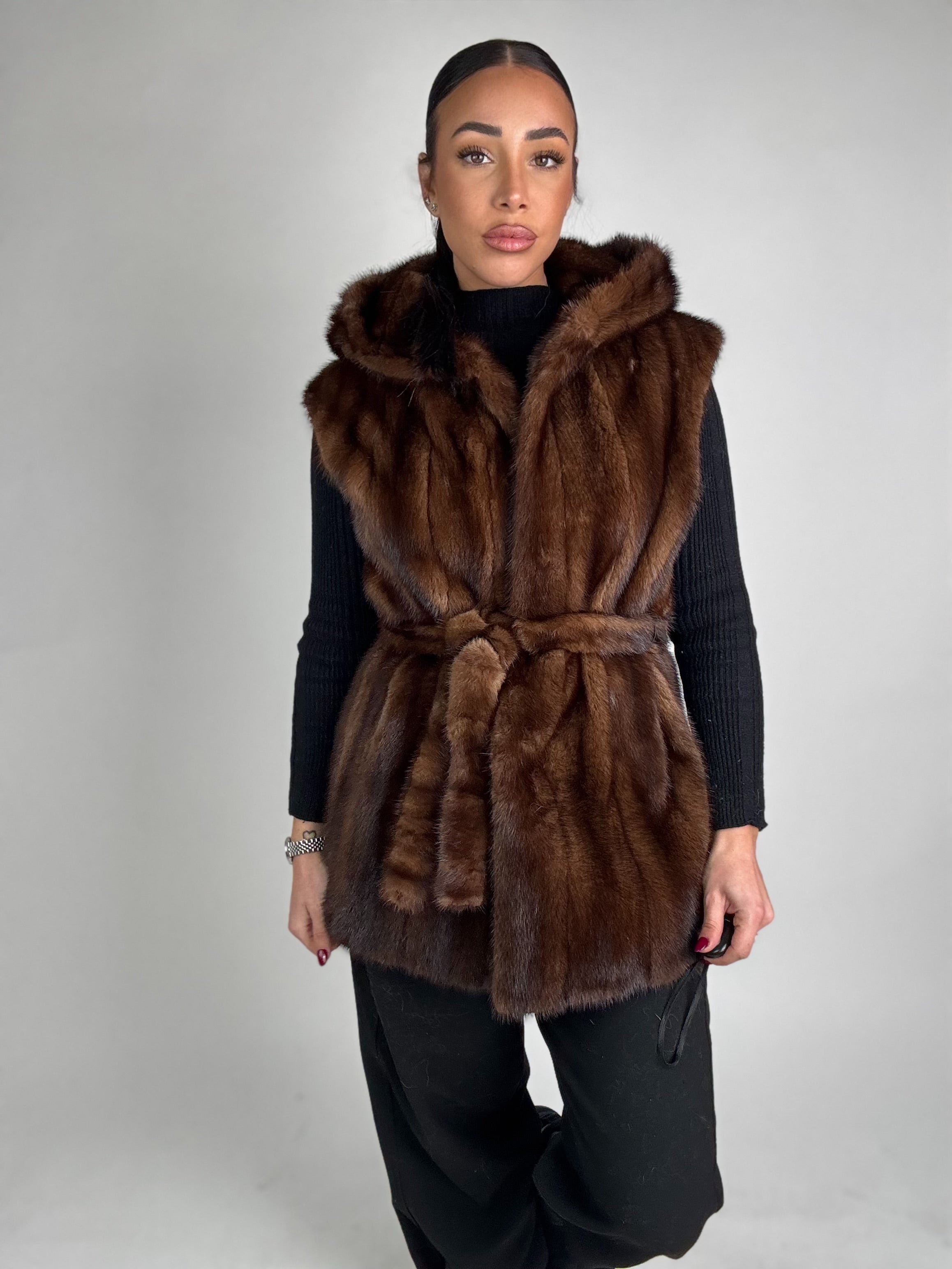 Mink jacket with belt and hood