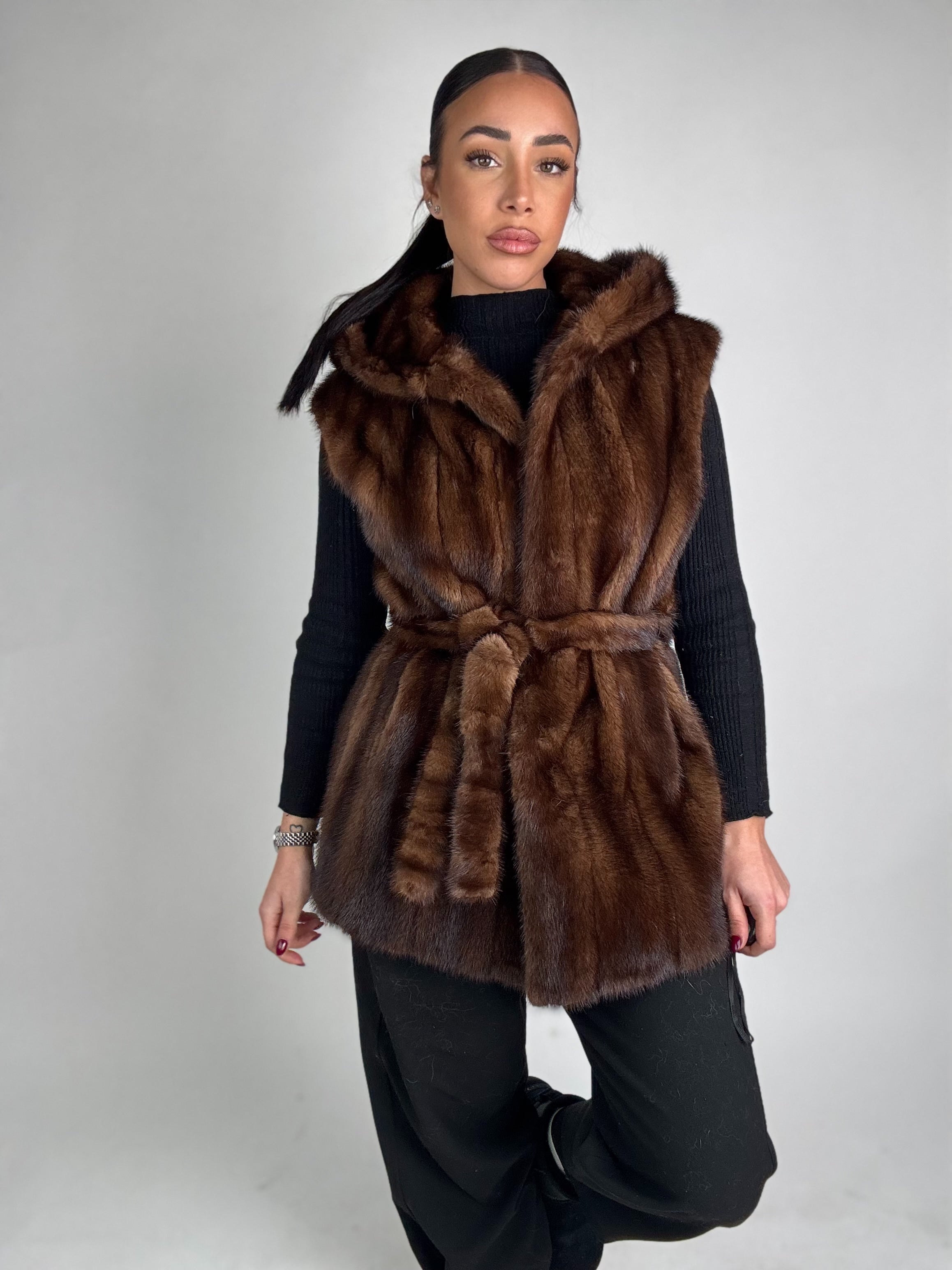 Mink jacket with belt and hood