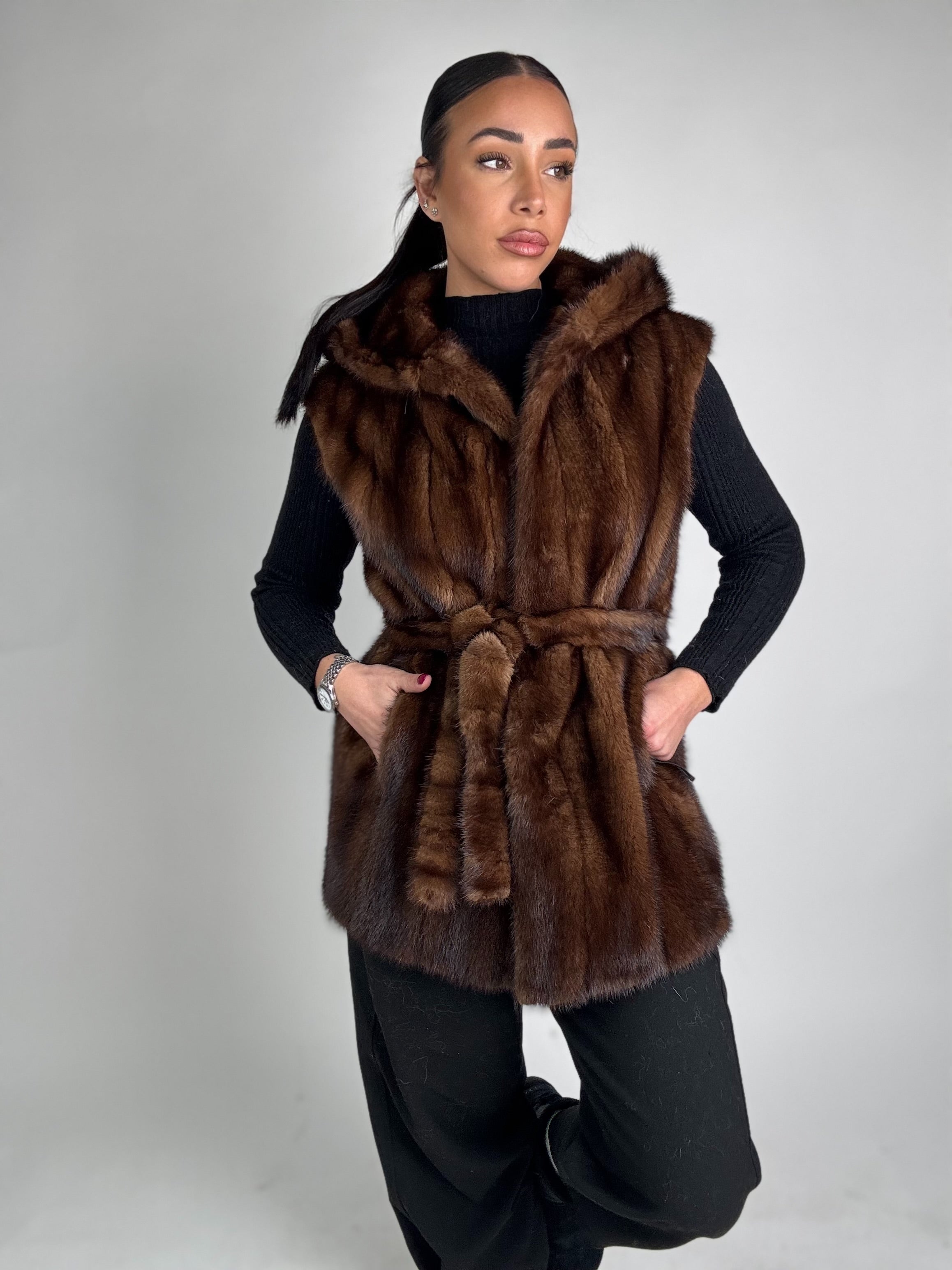 Mink jacket with belt and hood