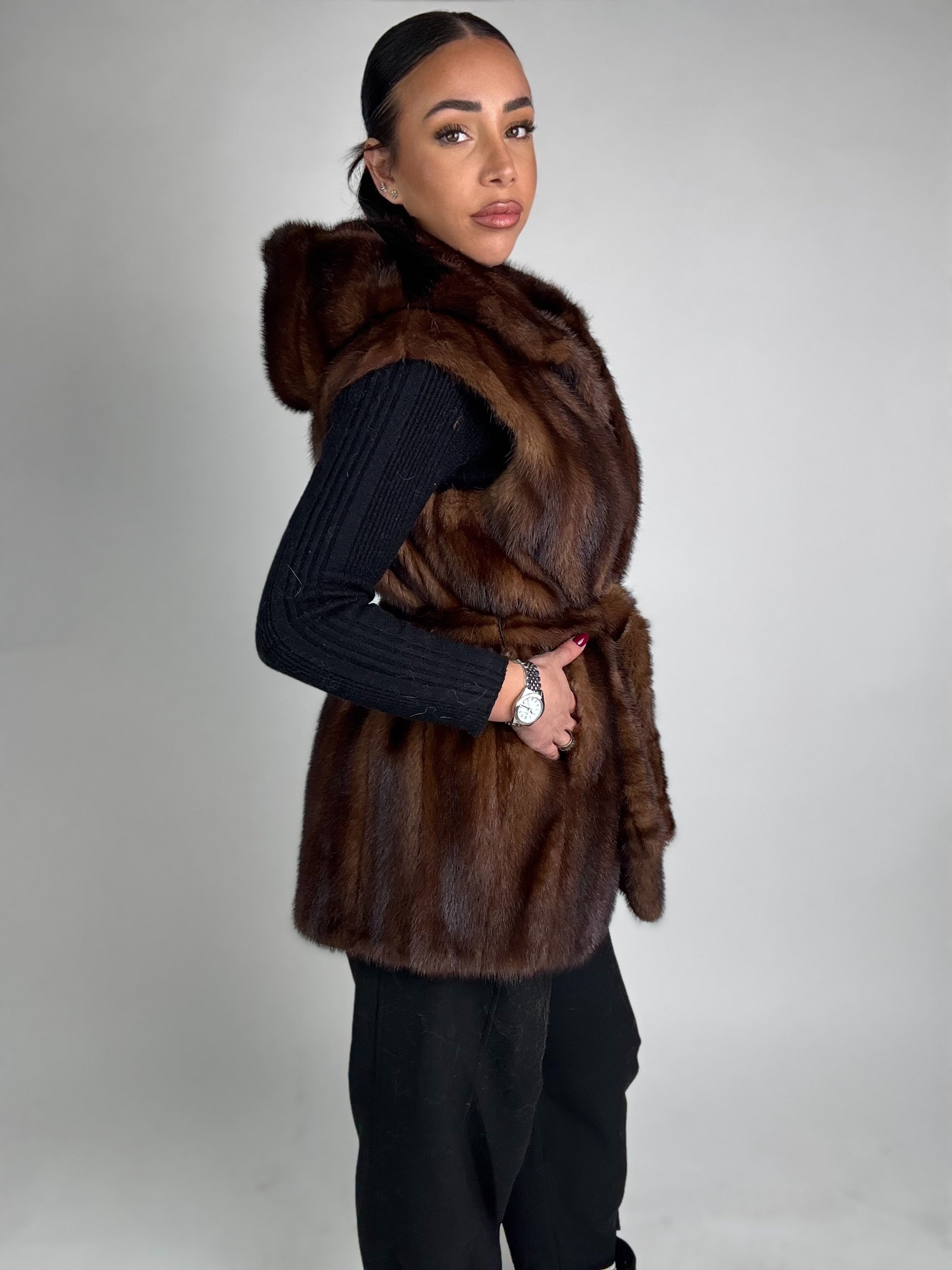Mink jacket with belt and hood
