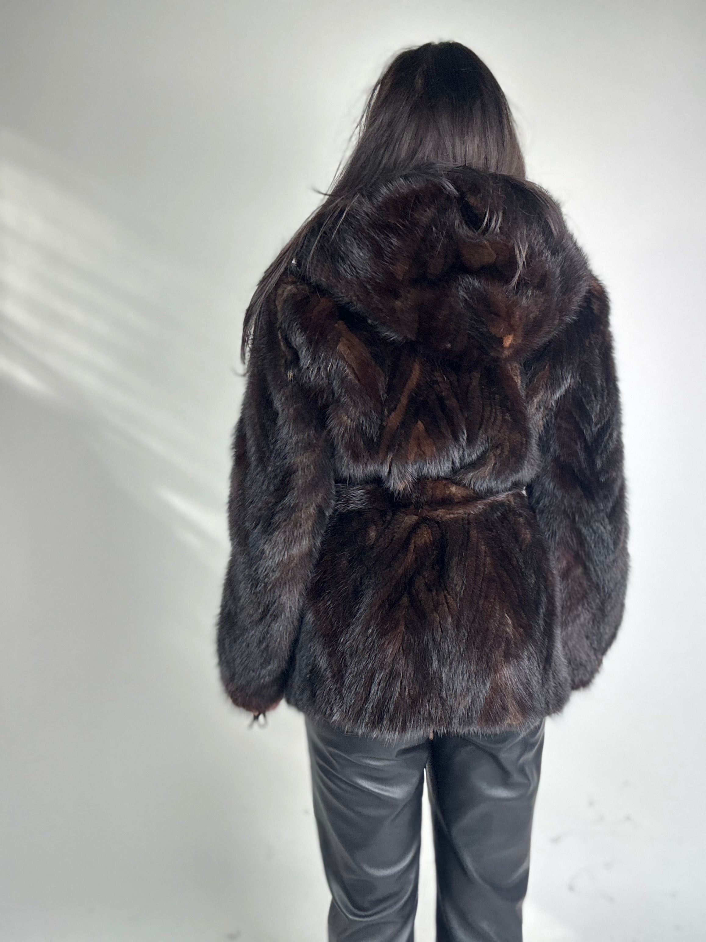 Mink jacket with belt and hood