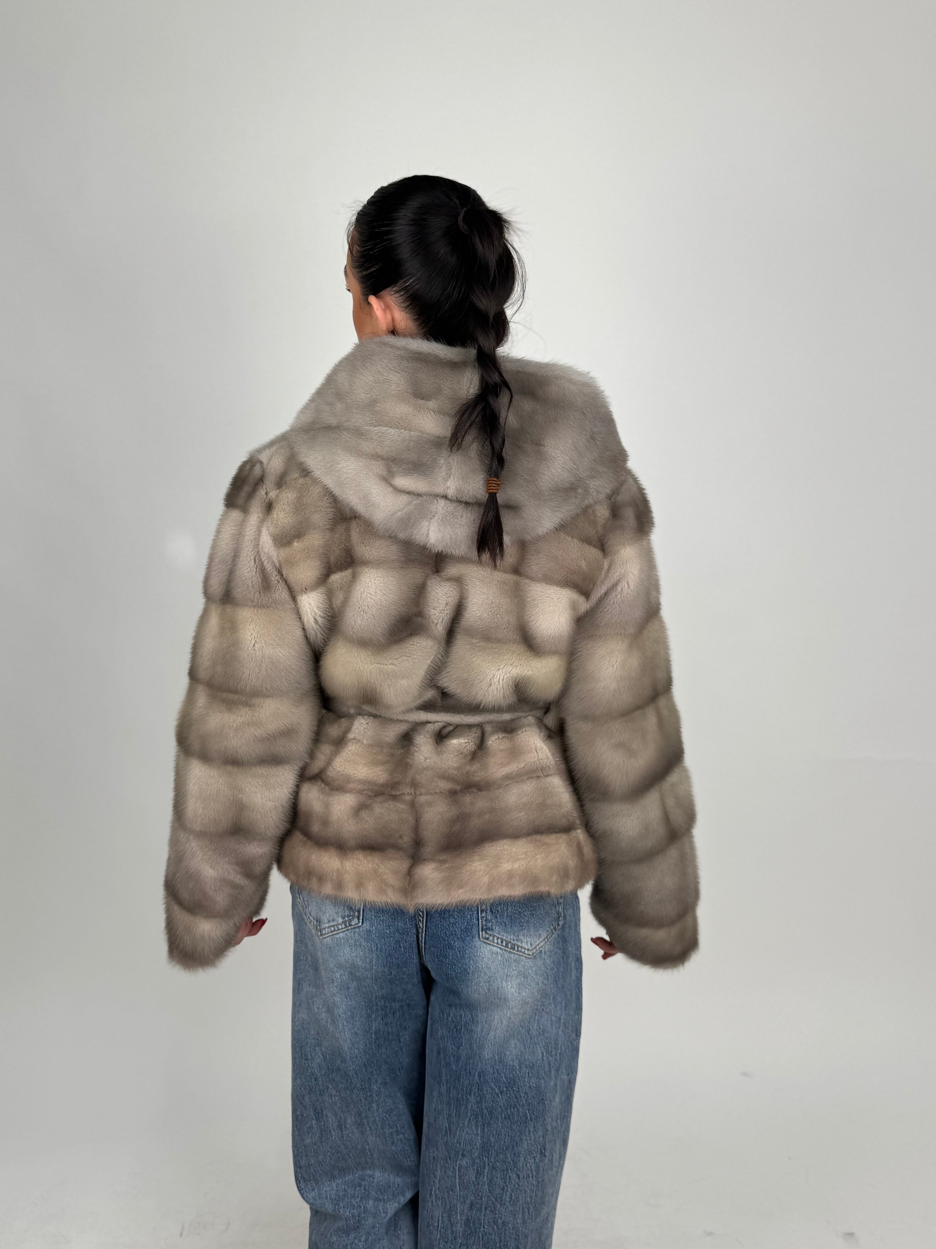 Mink jacket with belt and hood