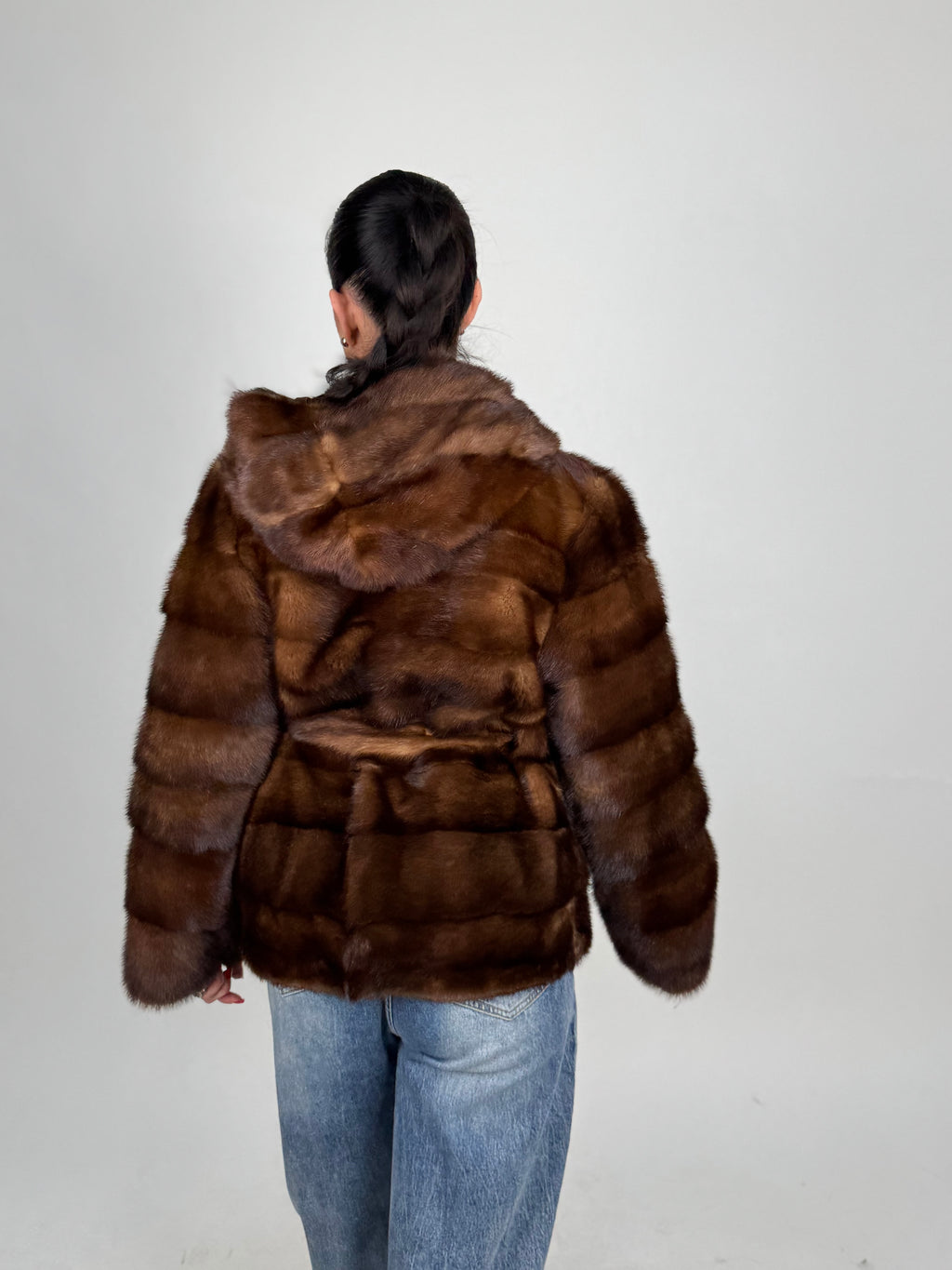 Mink jacket with belt and hood