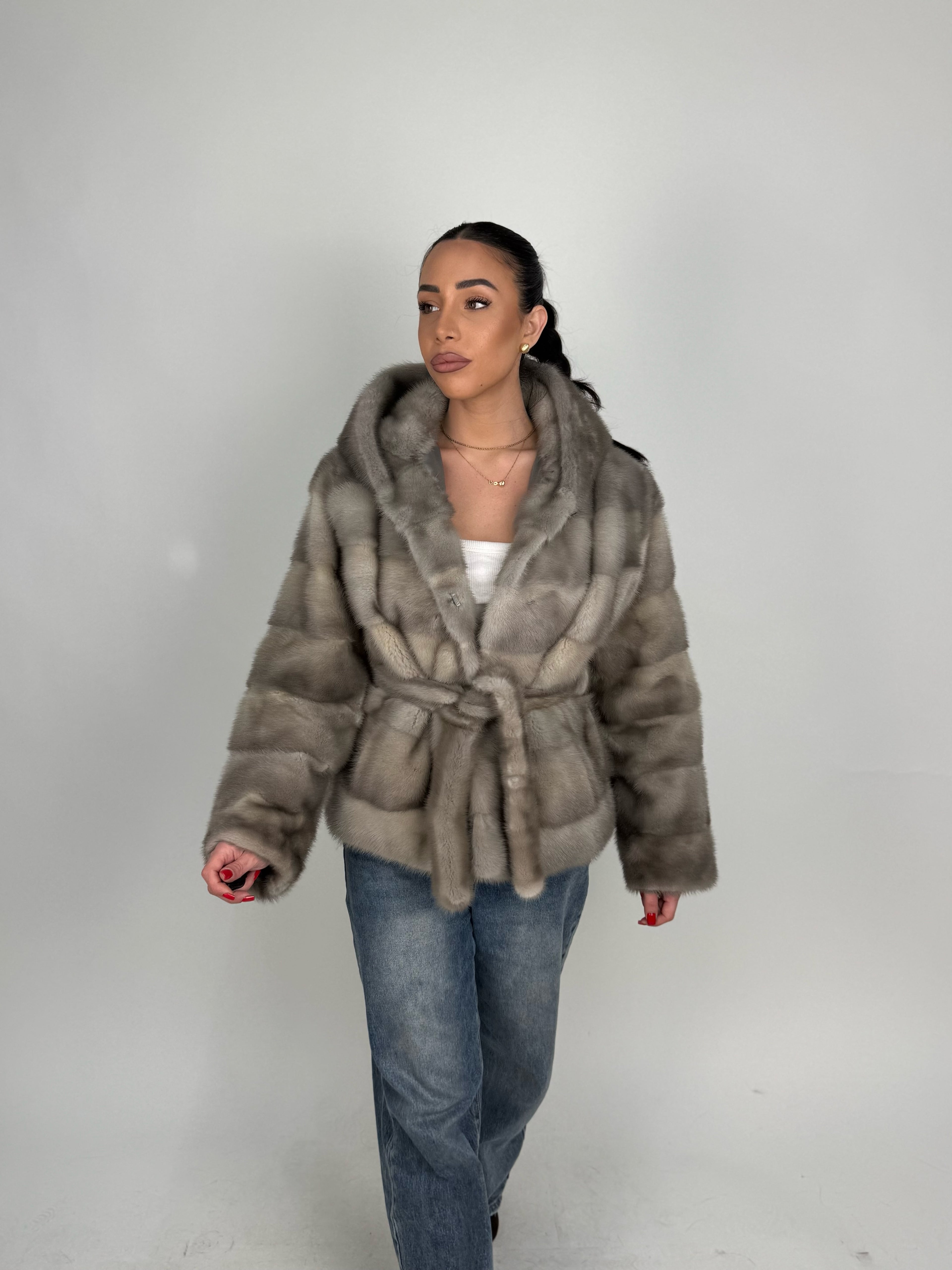 Mink jacket with belt and hood
