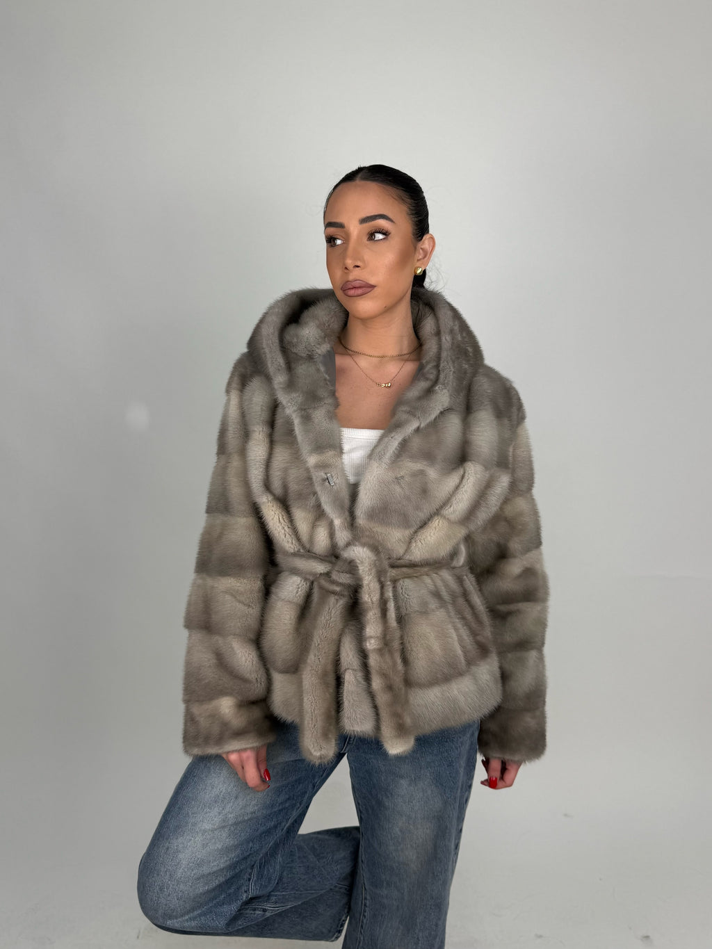 Mink jacket with belt and hood