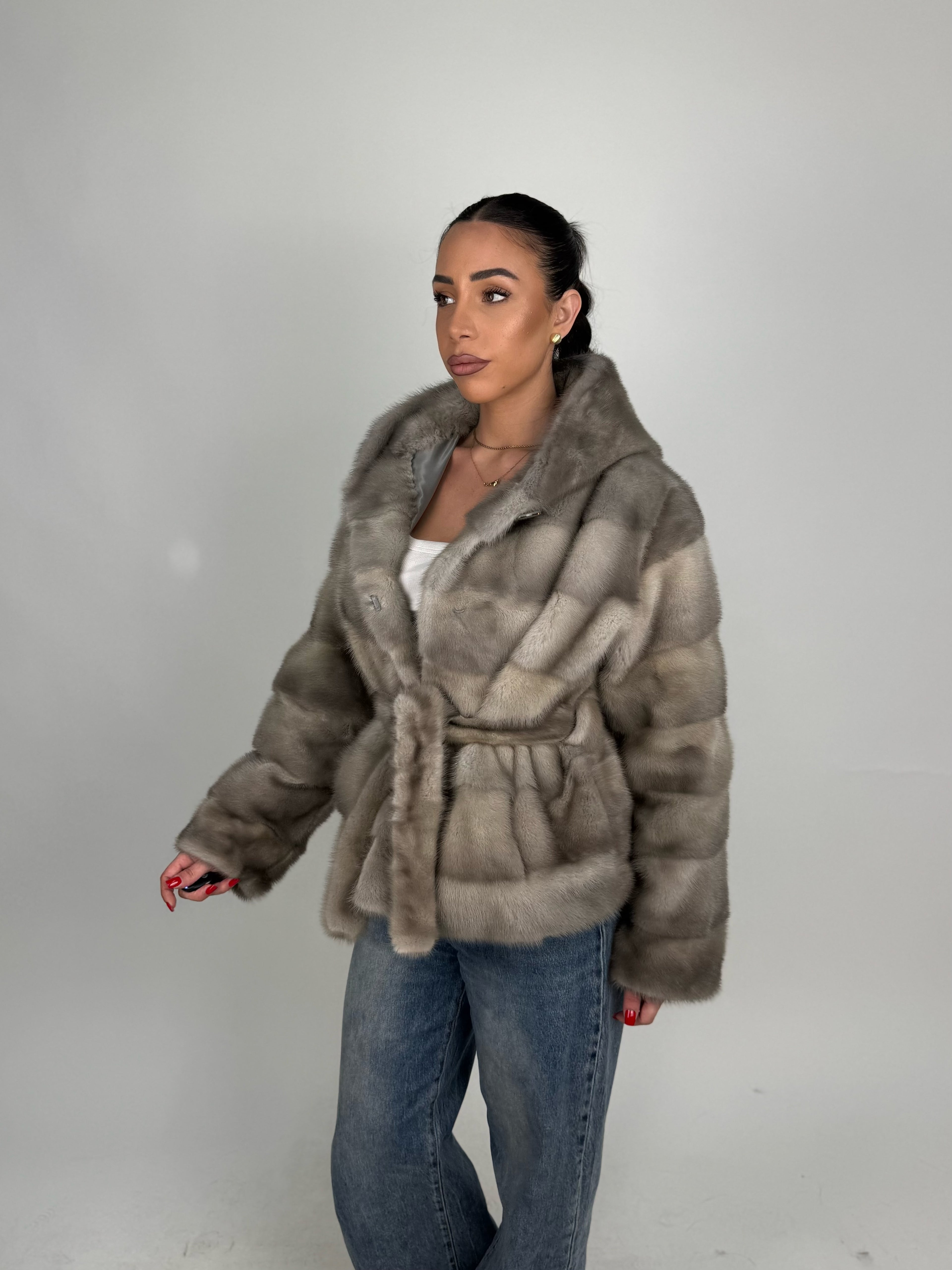 Mink jacket with belt and hood