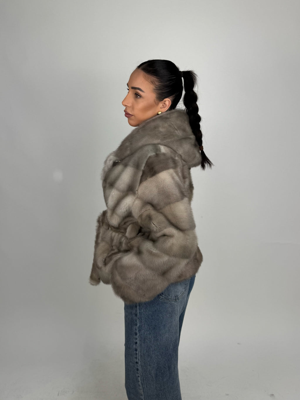 Mink jacket with belt and hood