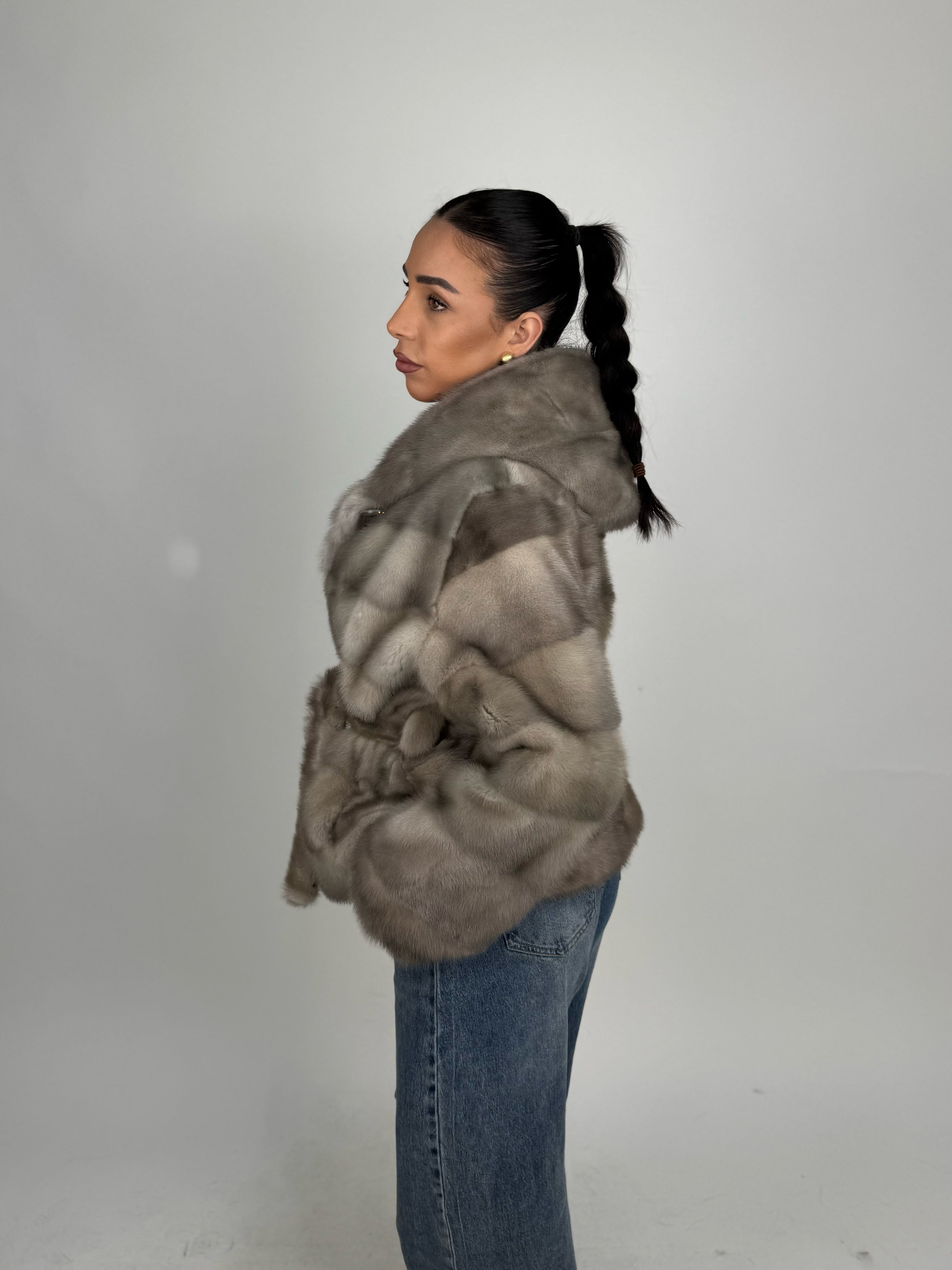 Mink jacket with belt and hood