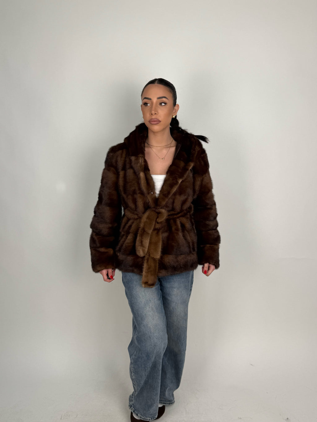 Mink jacket with belt and hood