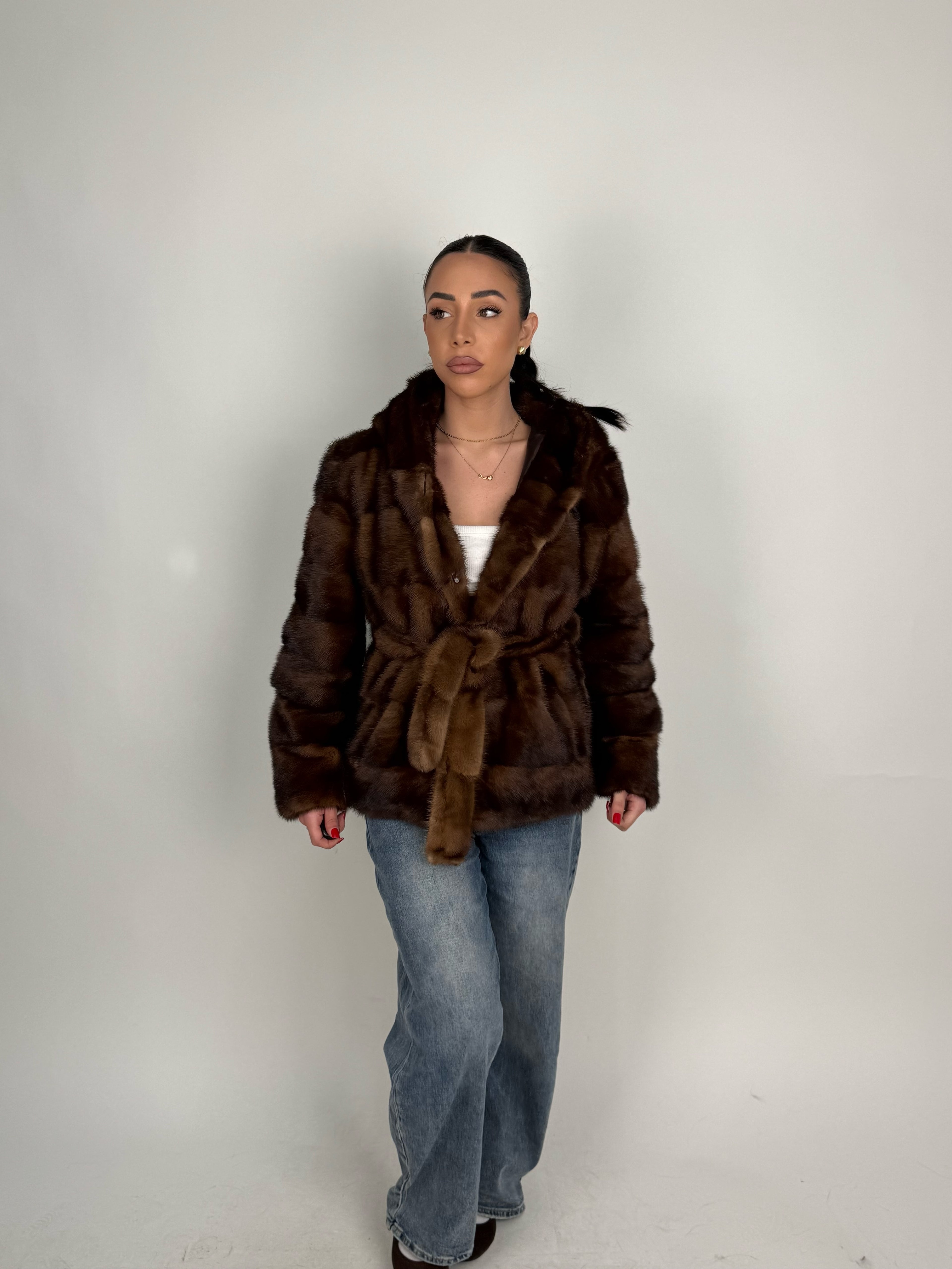 Mink jacket with belt and hood