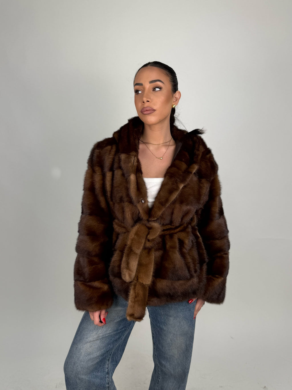 Mink jacket with belt and hood