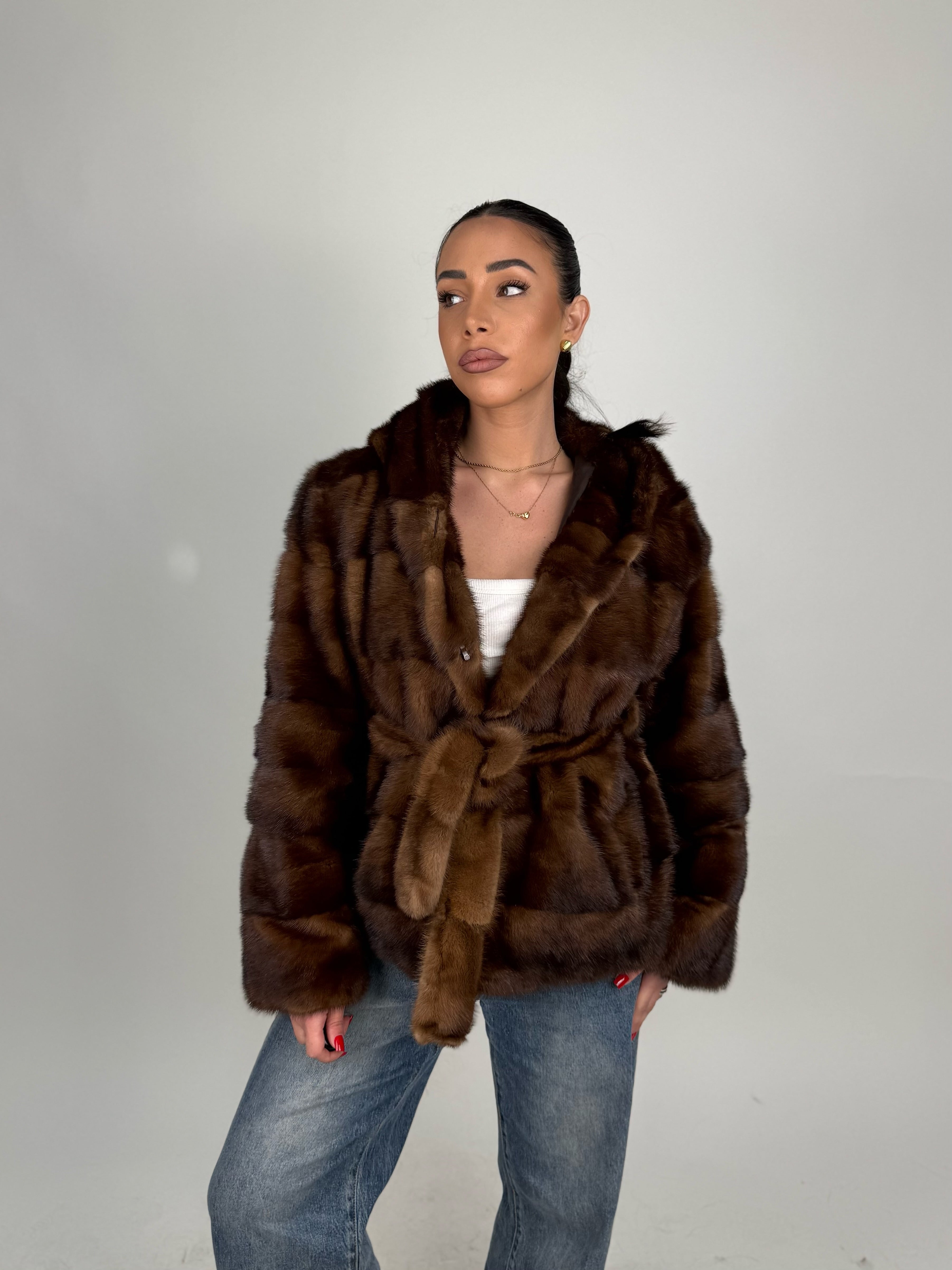 Mink jacket with belt and hood