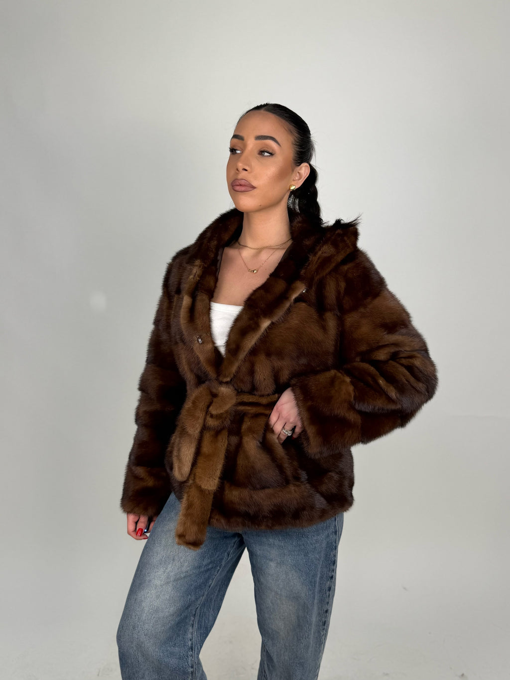 Mink jacket with belt and hood
