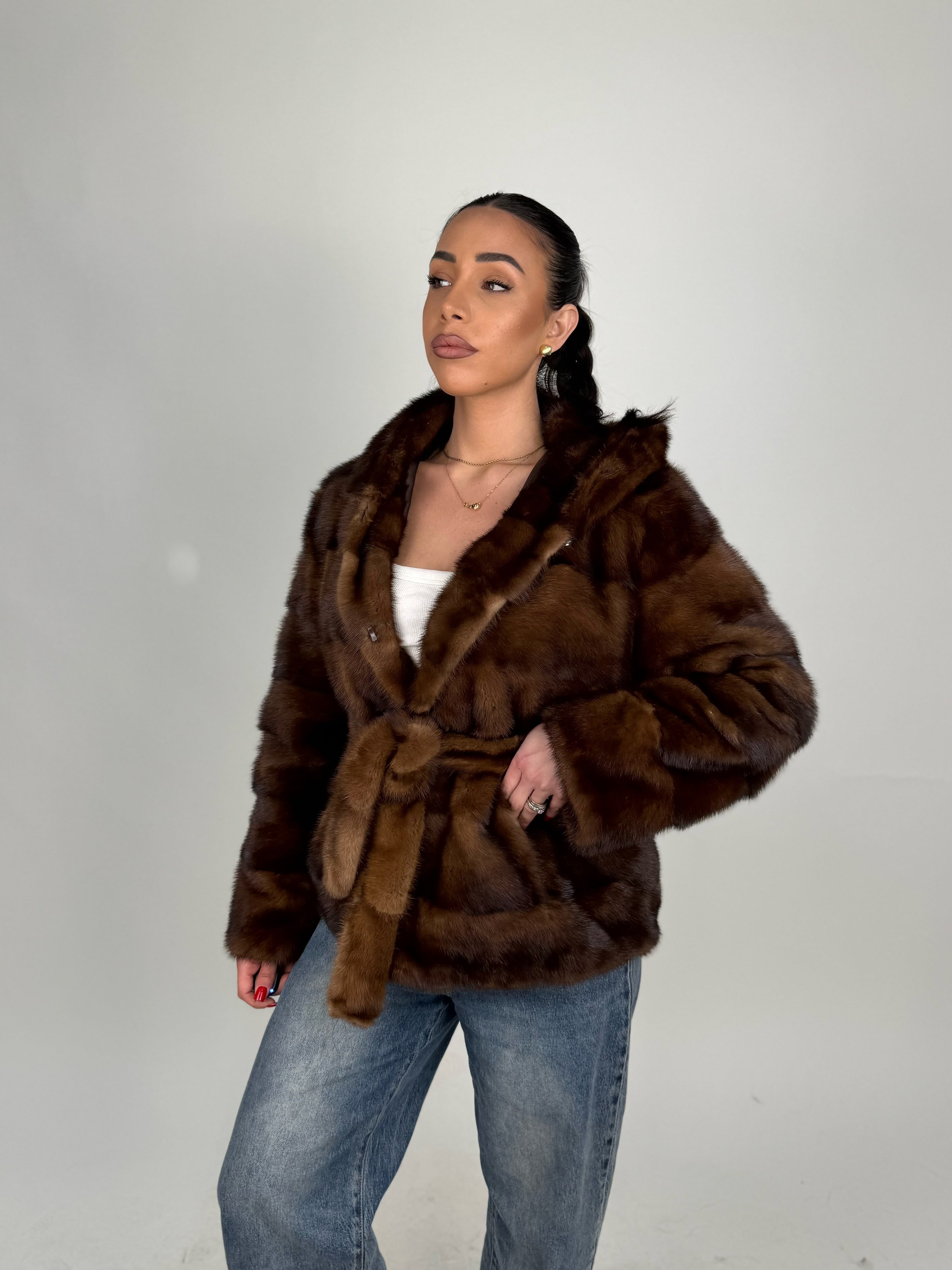 Mink jacket with belt and hood