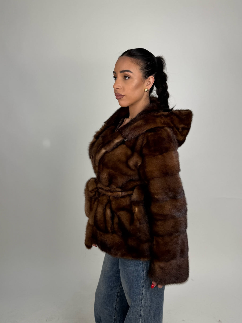 Mink jacket with belt and hood
