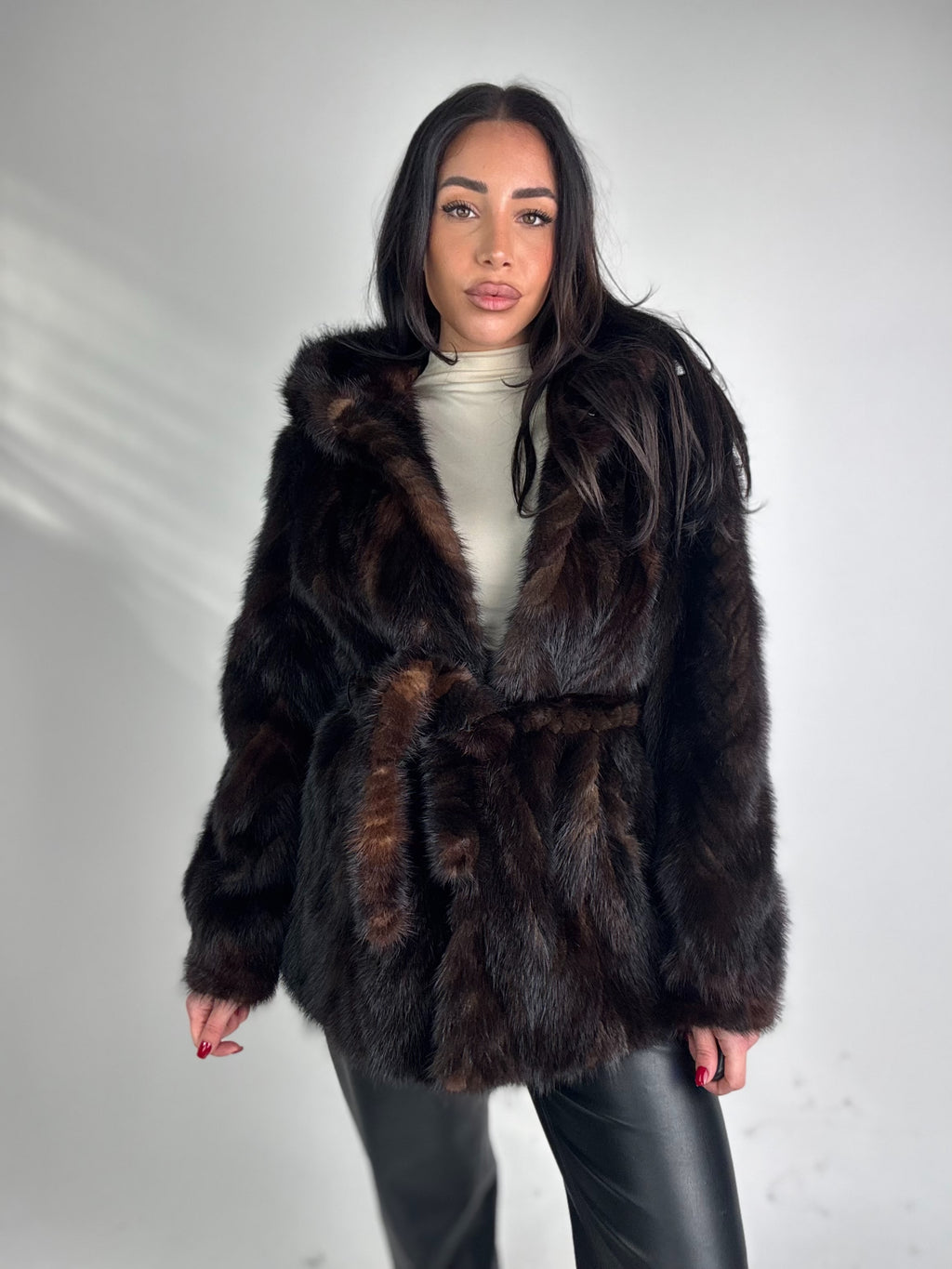 Mink jacket with belt and hood