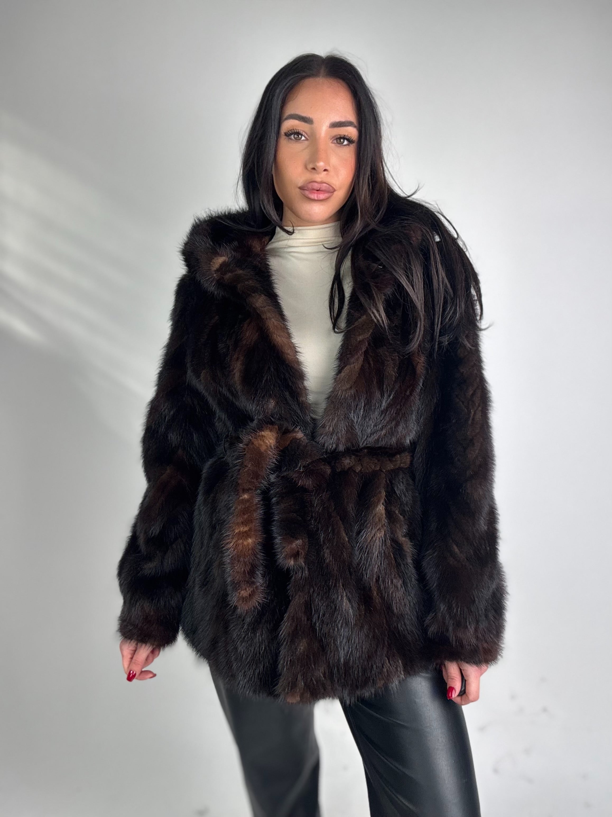 Mink jacket with belt and hood