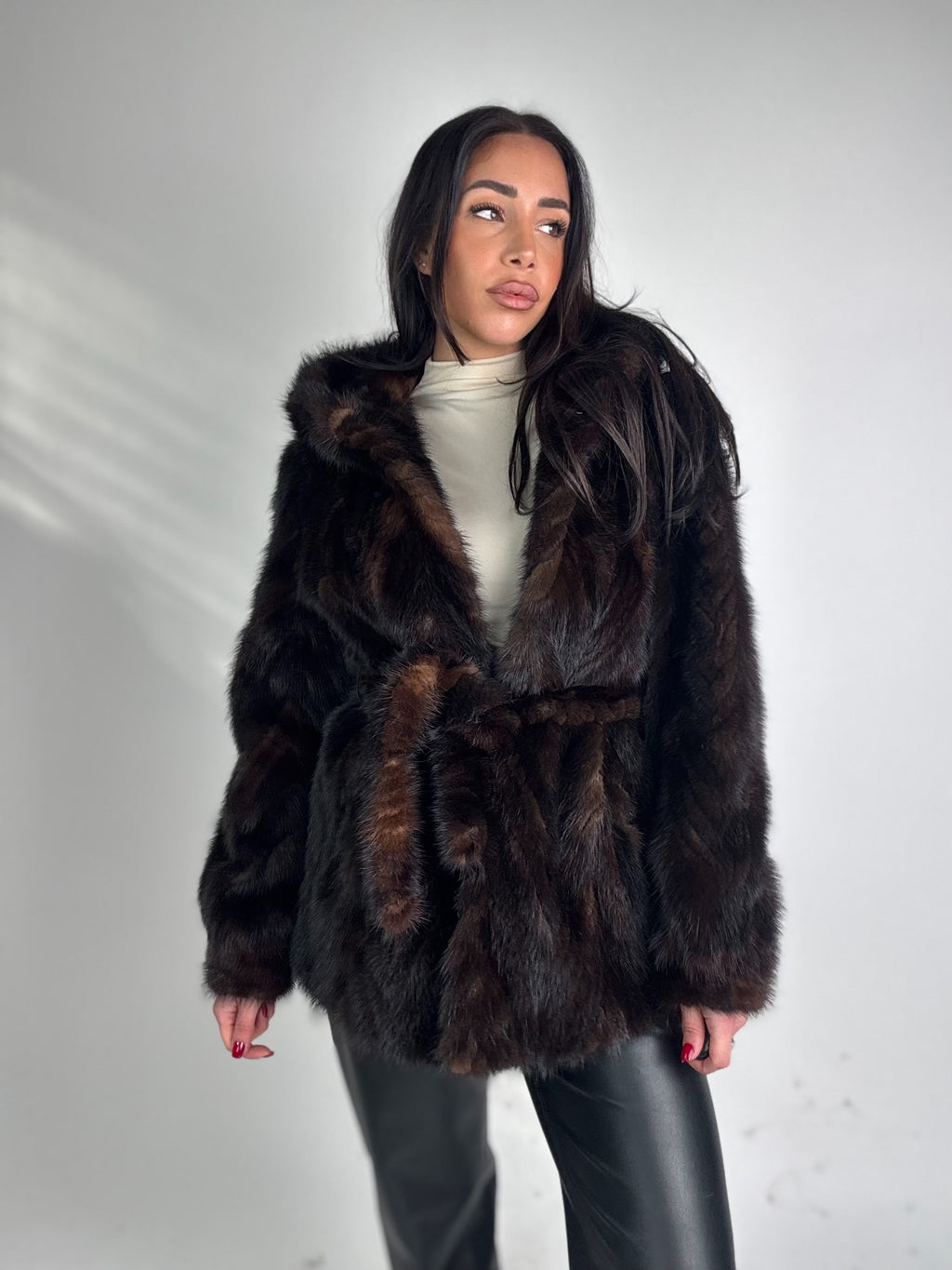 Mink jacket with belt and hood