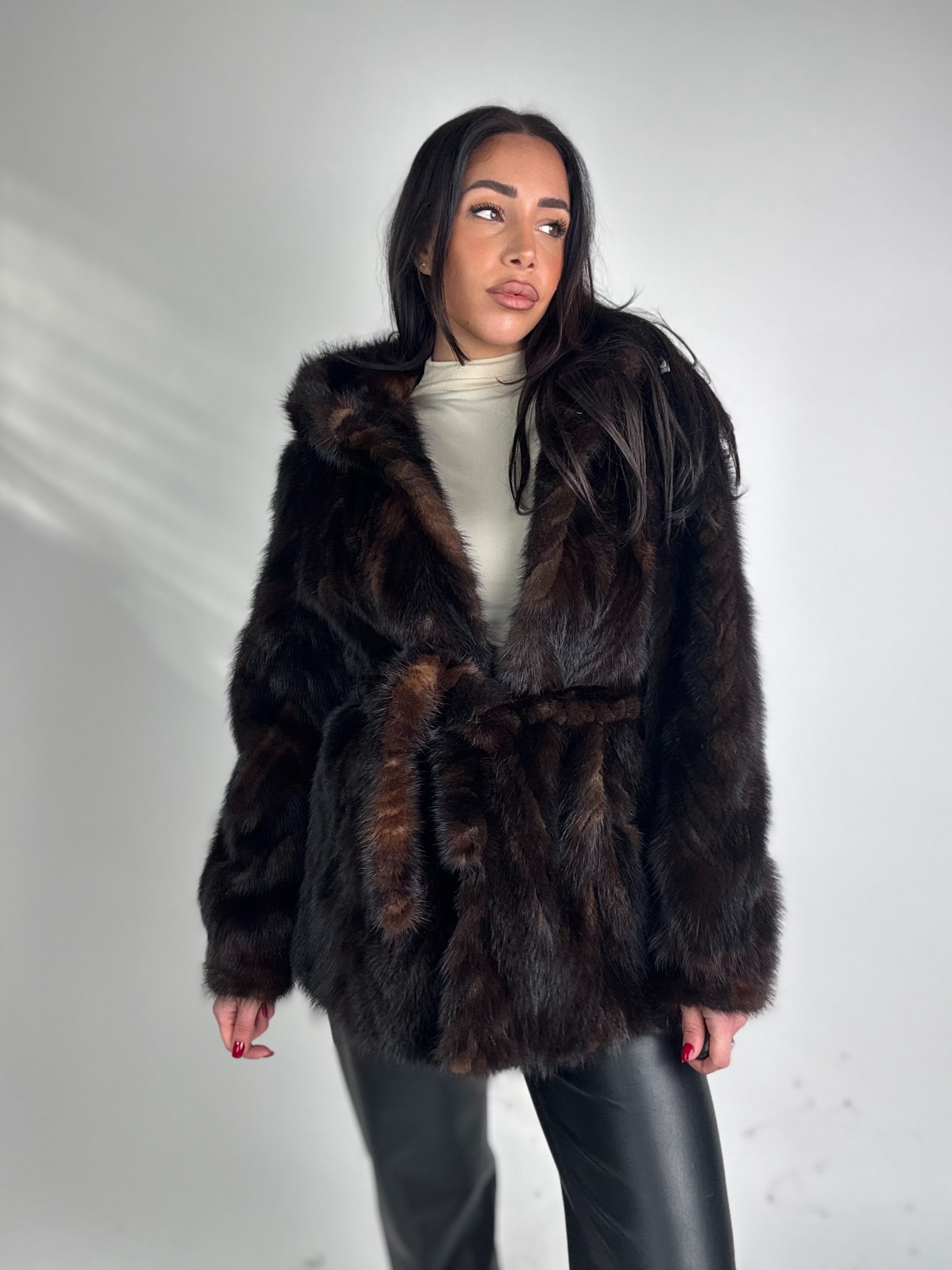 Mink jacket with belt and hood