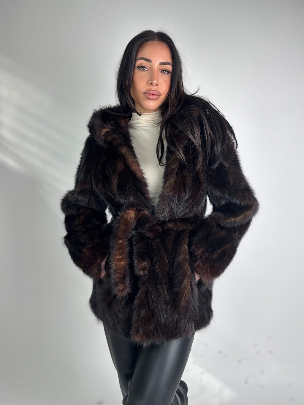 Mink jacket with belt and hood