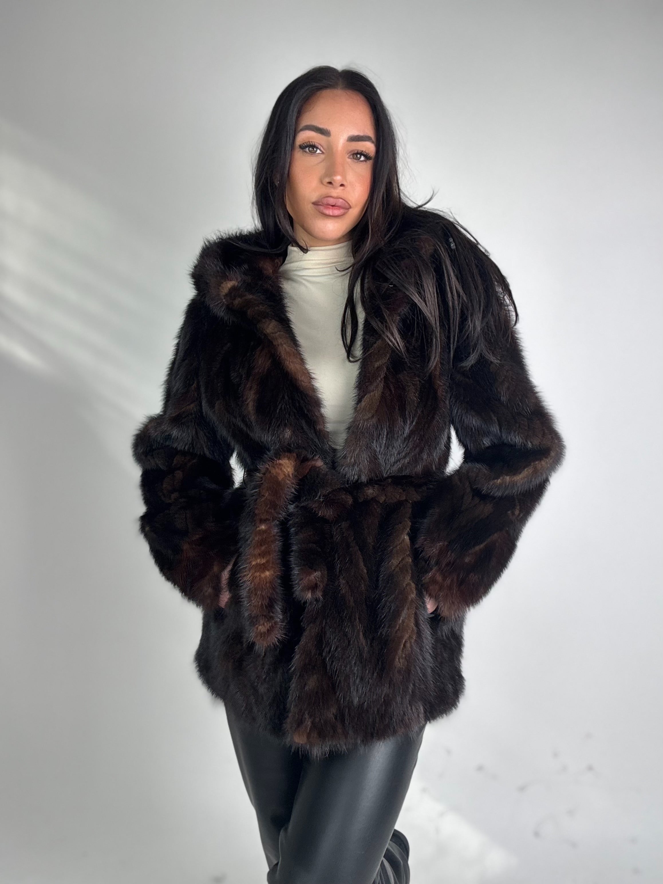 Mink jacket with belt and hood