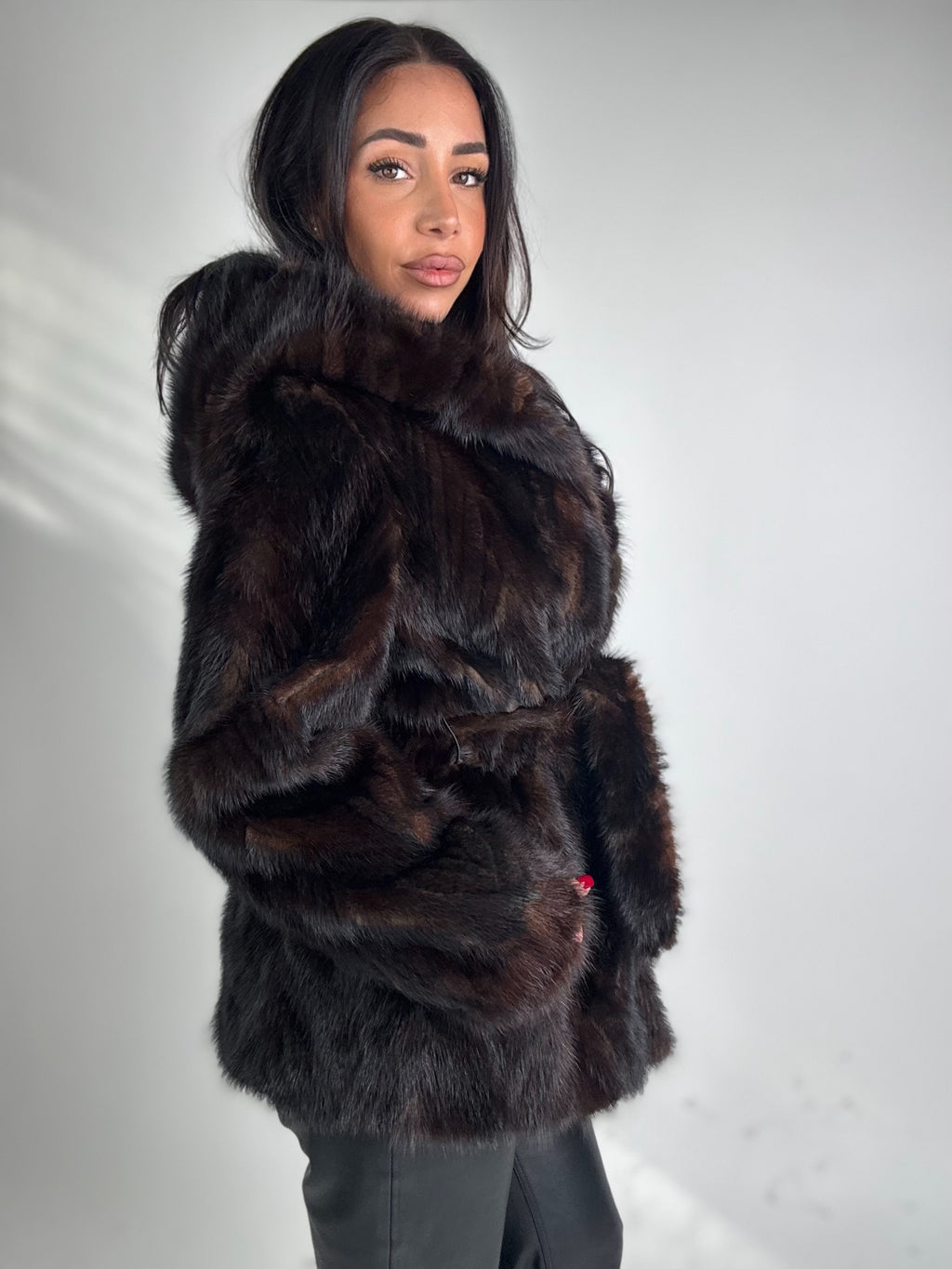 Mink jacket with belt and hood