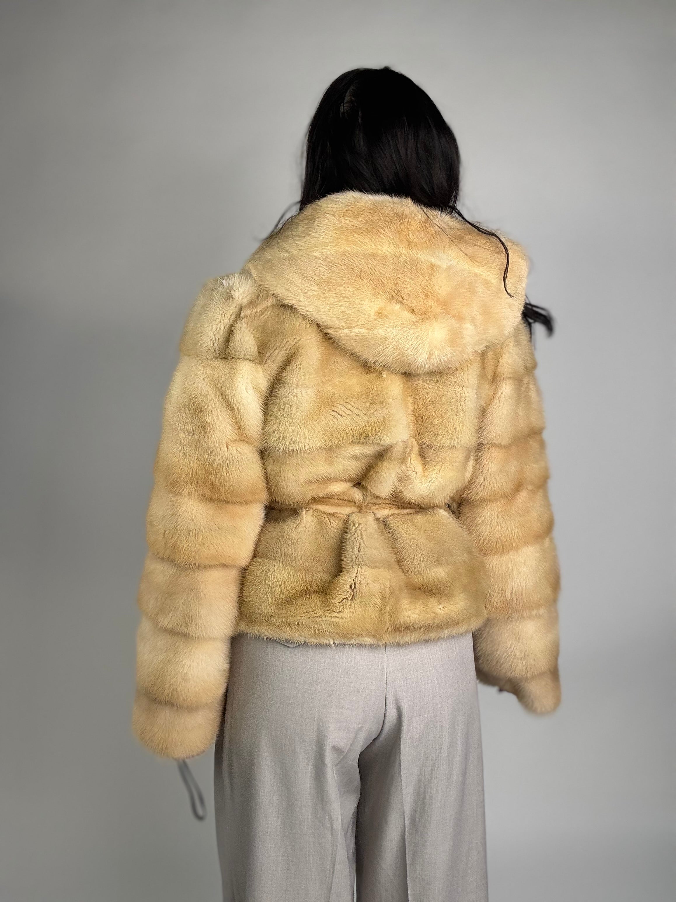 Mink jacket with belt and hood