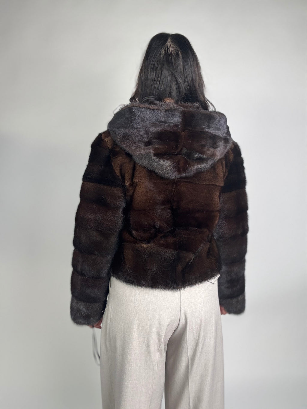 Mink jacket with belt and hood